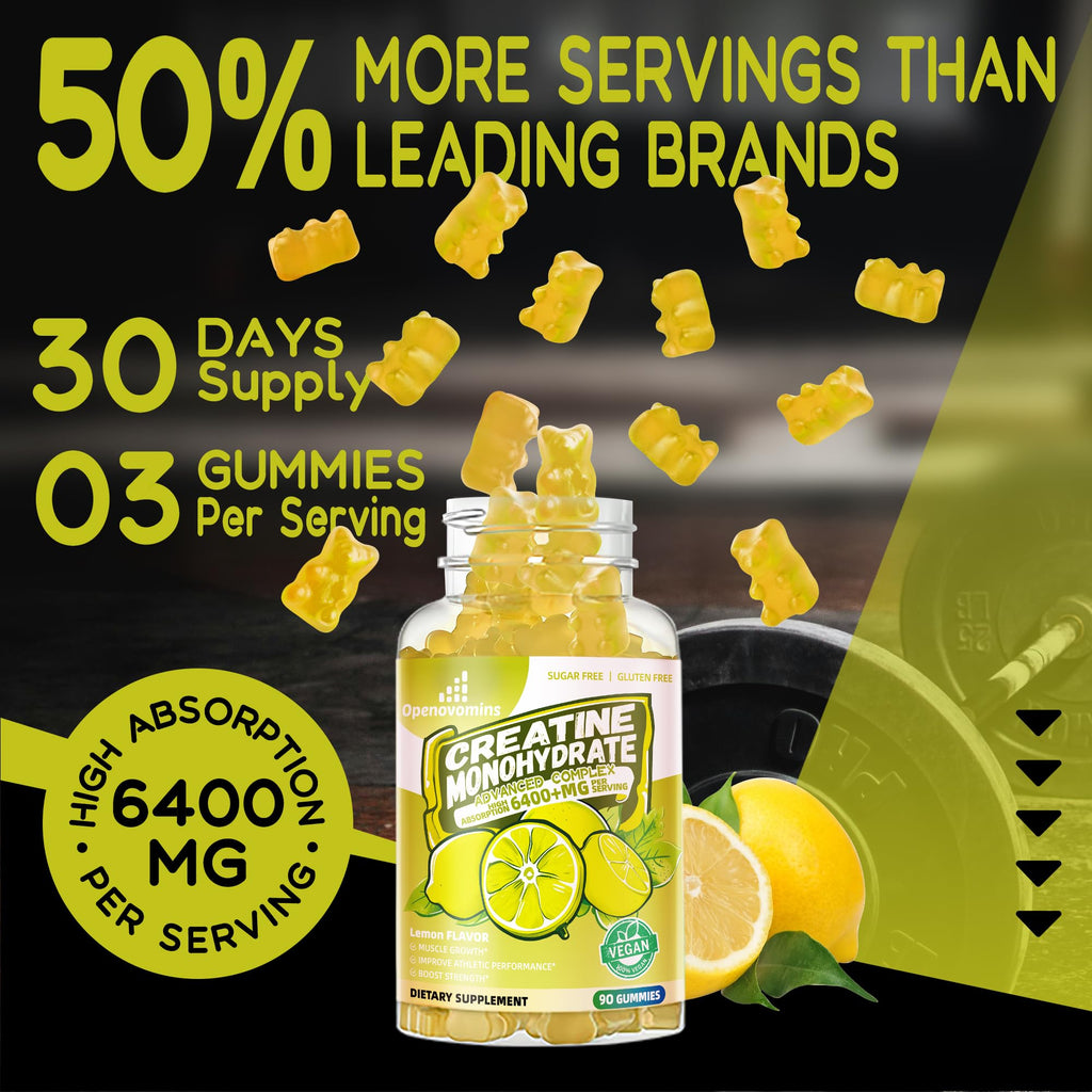 Creatine Monohydrate Gummies Complex for Men & Women -Advanced Formula W/L-Taurine + Vitamin B12, Sugar Free Chewable Supplement,90 Lemon Gummies - Maple Wellness Supplements