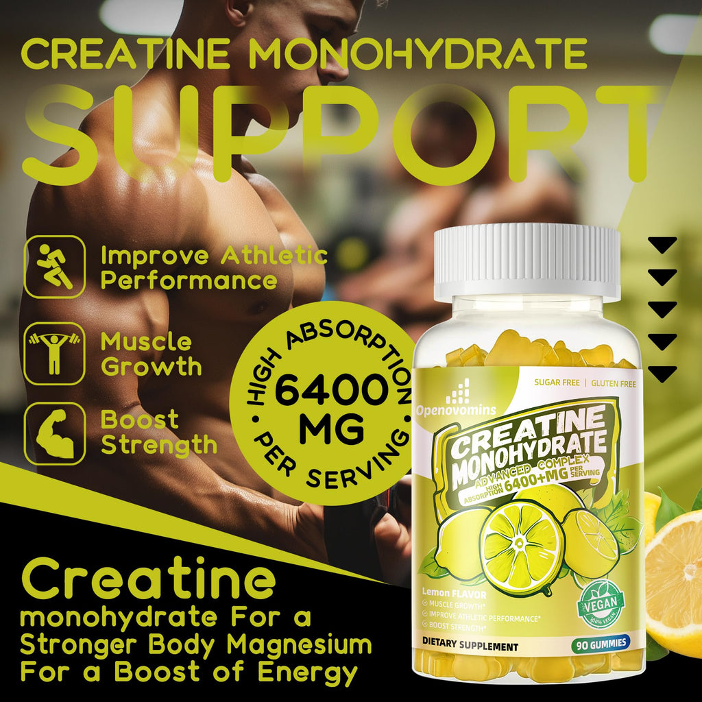 Creatine Monohydrate Gummies Complex for Men & Women -Advanced Formula W/L-Taurine + Vitamin B12, Sugar Free Chewable Supplement,90 Lemon Gummies - Maple Wellness Supplements