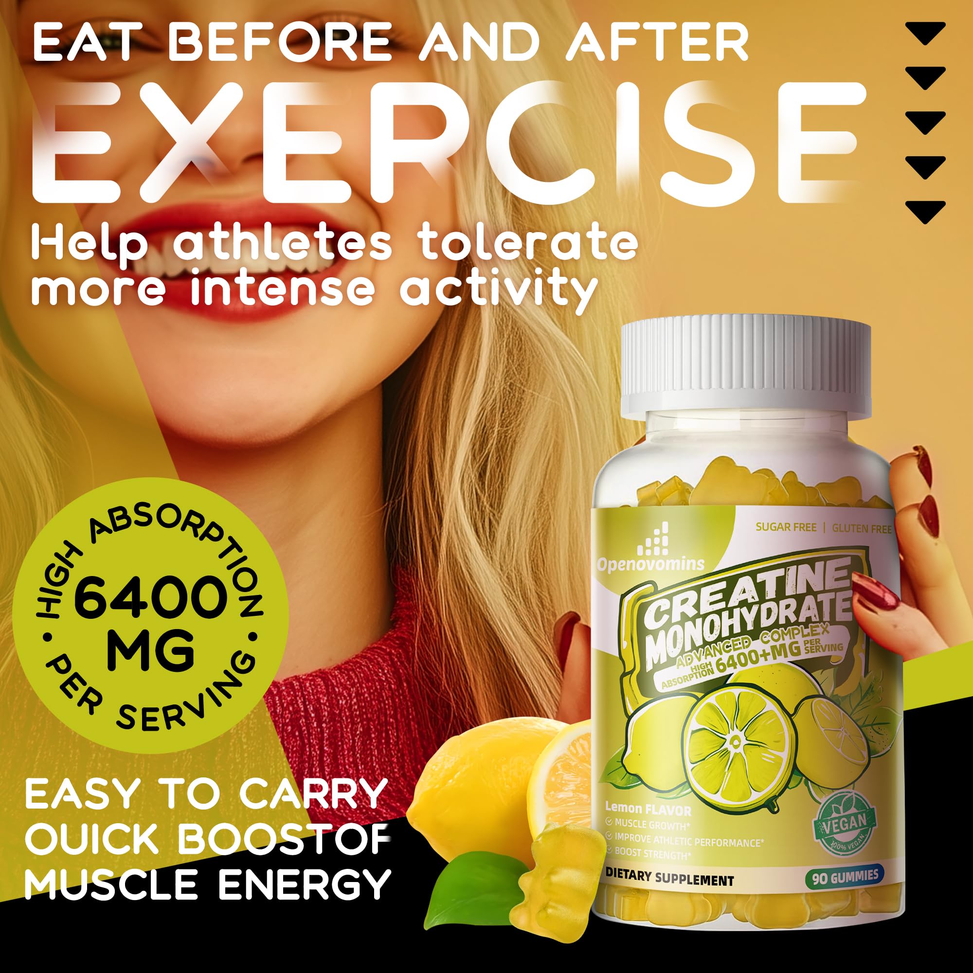 Creatine Monohydrate Gummies Complex for Men & Women -Advanced Formula W/L-Taurine + Vitamin B12, Sugar Free Chewable Supplement,90 Lemon Gummies - Maple Wellness Supplements