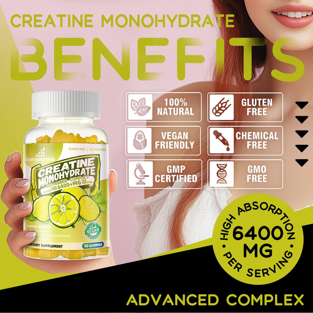 Creatine Monohydrate Gummies Complex for Men & Women -Advanced Formula W/L-Taurine + Vitamin B12, Sugar Free Chewable Supplement,90 Lemon Gummies - Maple Wellness Supplements