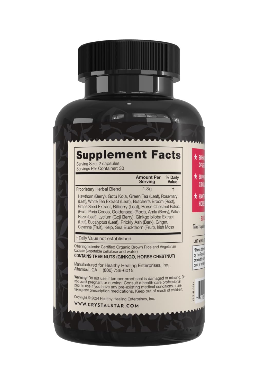 Crystal Star Vari-Vein (60 Capsules) - Herbal Circulation Support Supplement for Varicose Veins & Spider Veins Treatment - Witch Hazel, Butcher’s Broom, Hawthorn & Horse Chestnut- Non-GMO - TrustMedUSA