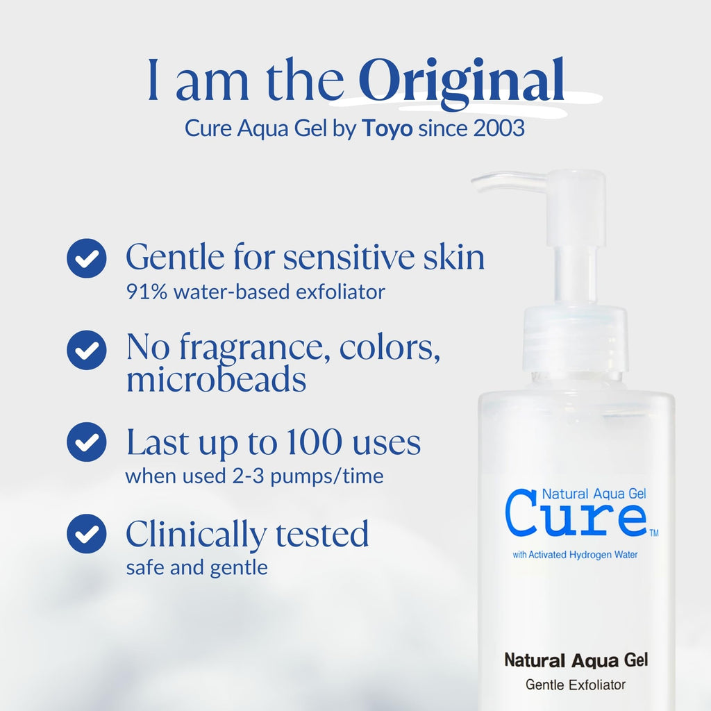 Cure by Toyo | Aqua Gel Gentle Exfoliator | Clear and Softer Skin | Non-Abrasive Face and Body Cleanser | Sensitive Skin | Big Size 8.82oz - Maple Wellness Supplements