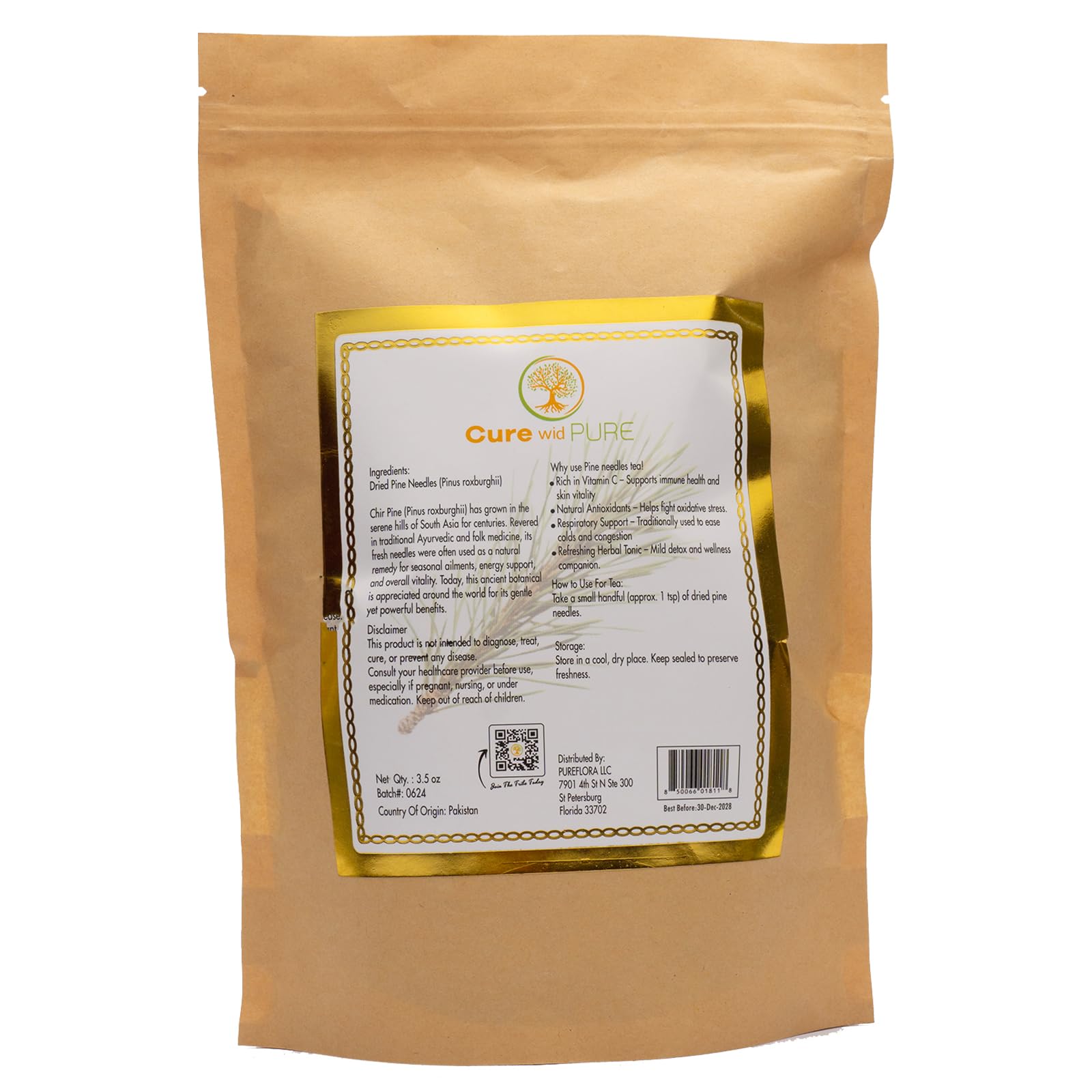 Cure Wid Pure Pine Needle Tea 3.5 Oz – 50 Cups Pine Tea – Wild Harvested from Pakistan in Eco-Friendly Resealable Pouch | Aromatic & Soothing Caffeine-Free Herbal Tea, Antioxidant & Immune Support - Maple Wellness Supplements