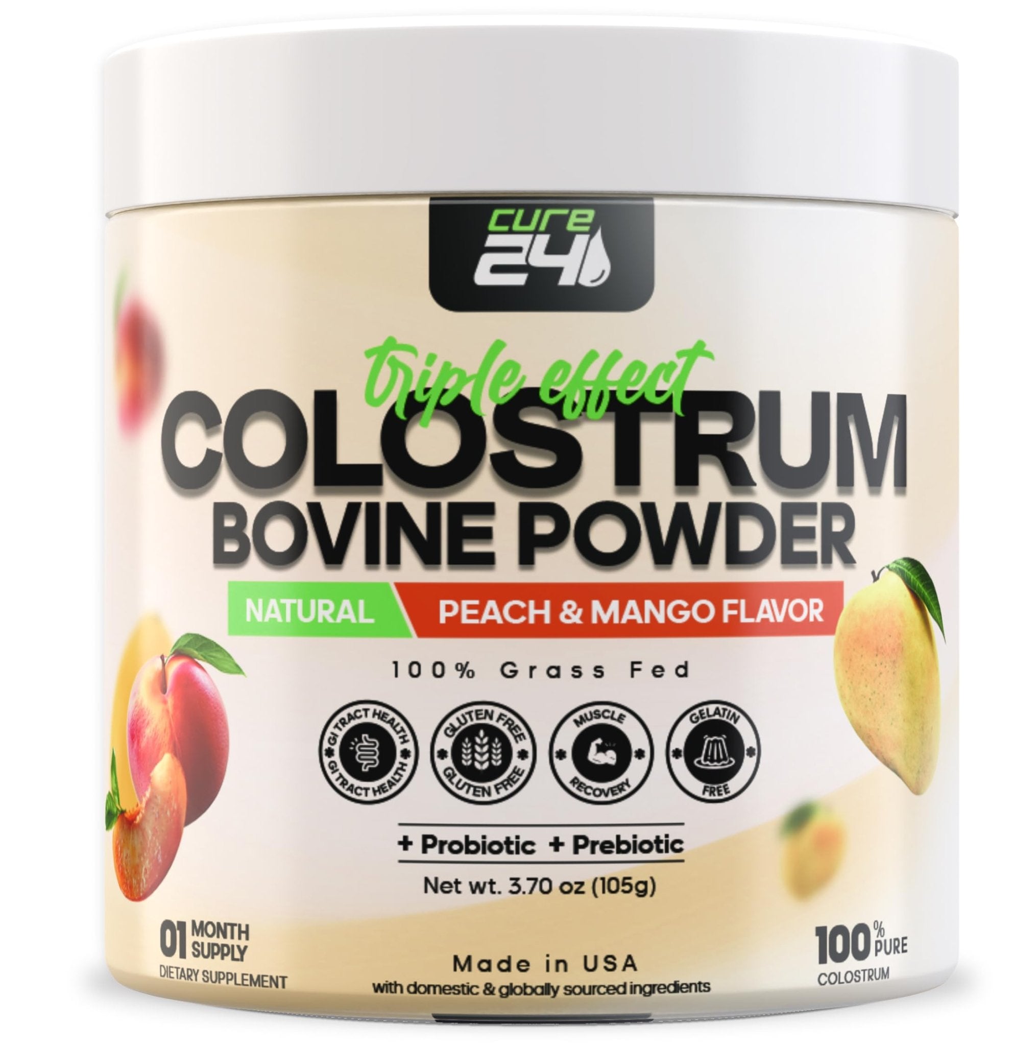 Cure24 Bovine X3 Colostrum Supplement Powder for Humans, 100% Pure Whole Natural Grass Fed Superfood, High IgG, Plus Probiotic & Prebiotic, Natural Peach-Mango Flavor, Made in USA - TrustMedUSA