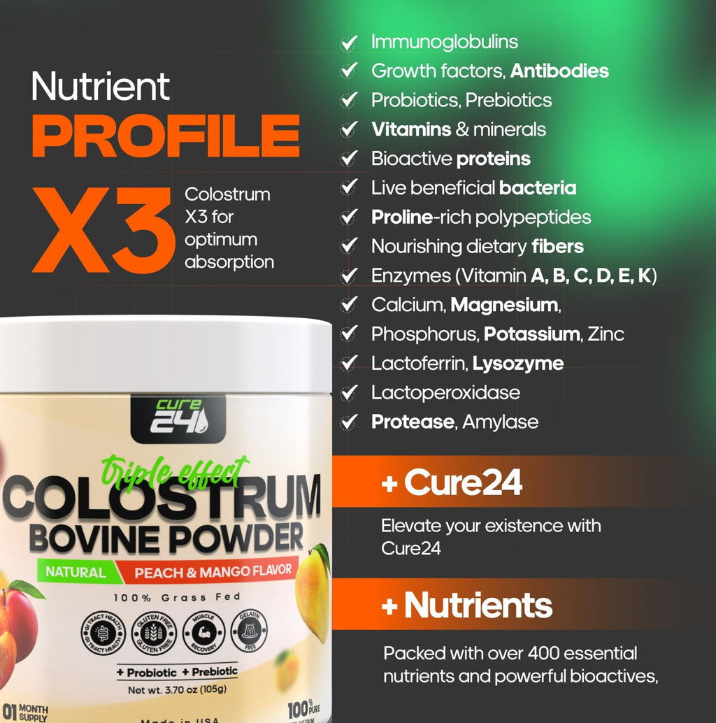Cure24 Bovine X3 Colostrum Supplement Powder for Humans, 100% Pure Whole Natural Grass Fed Superfood, High IgG, Plus Probiotic & Prebiotic, Natural Peach-Mango Flavor, Made in USA - TrustMedUSA