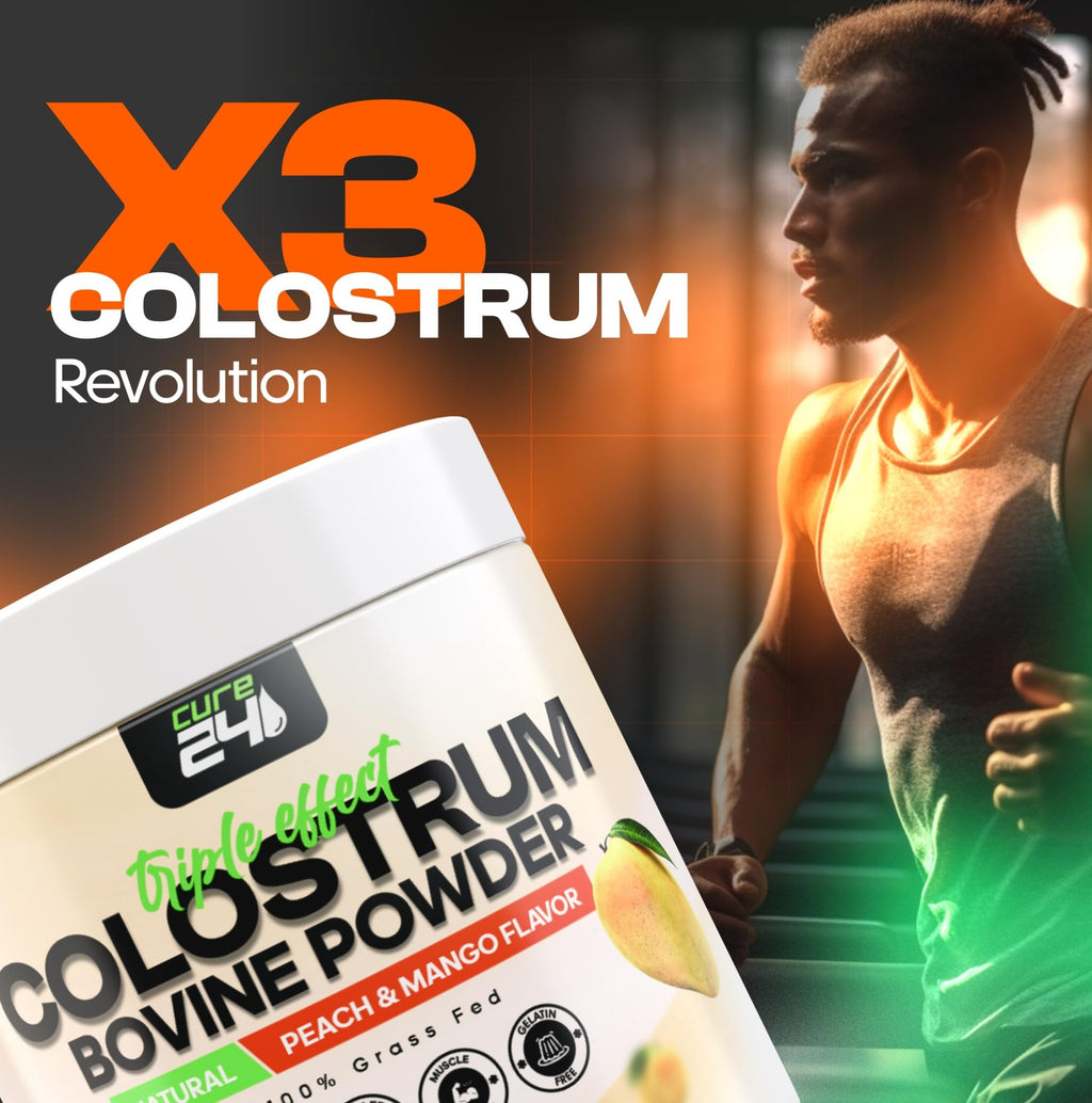 Cure24 Bovine X3 Colostrum Supplement Powder for Humans, 100% Pure Whole Natural Grass Fed Superfood, High IgG, Plus Probiotic & Prebiotic, Natural Peach-Mango Flavor, Made in USA - TrustMedUSA