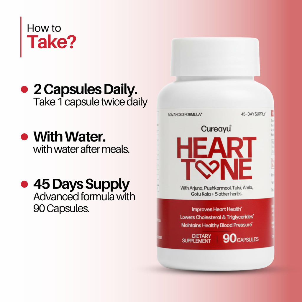 Cureayu Heart Tone Capsules | Natural Heart Health Supplement | Supports Healthy Cholesterol & Triglycerides Levels | with Arjuna, Pushkarmool + 8 Other Herbs | 90 Capsules - TrustMedUSA