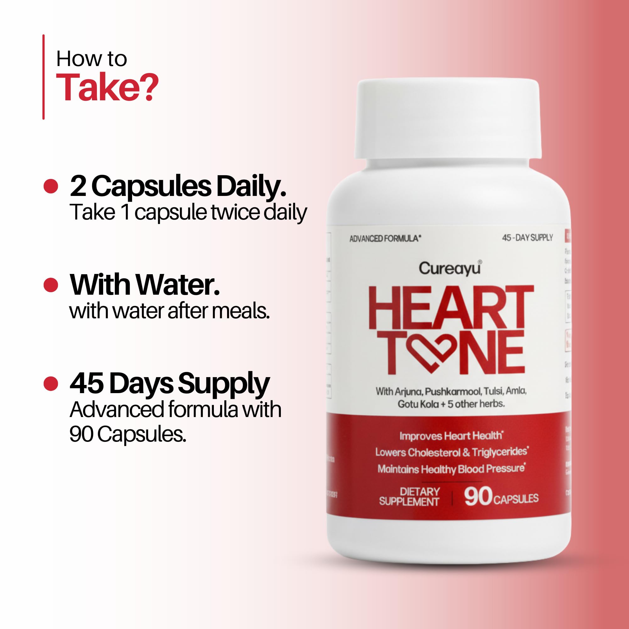 Cureayu Heart Tone Capsules | Natural Heart Health Supplement | Supports Healthy Cholesterol & Triglycerides Levels | with Arjuna, Pushkarmool + 8 Other Herbs | 90 Capsules - TrustMedUSA