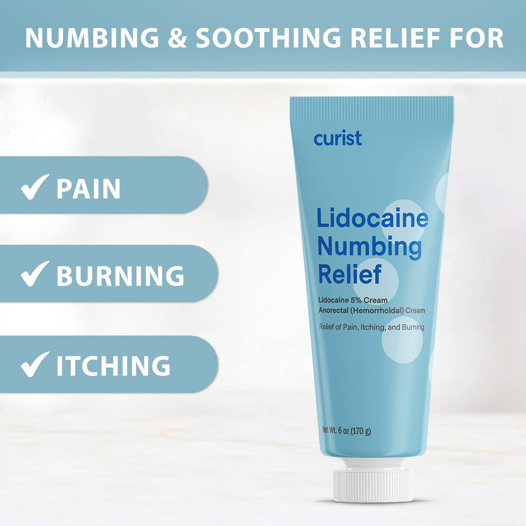 Curist 5% Lidocaine Numbing Cream - 6 oz (170 g) XL Tube - Soothing Numbing Cream for Temporary Discomfort, Itching, and Burning from Hemorrhoids Lidocaine 5% (1 Pack - 6 oz Tube) - Maple Wellness Supplements
