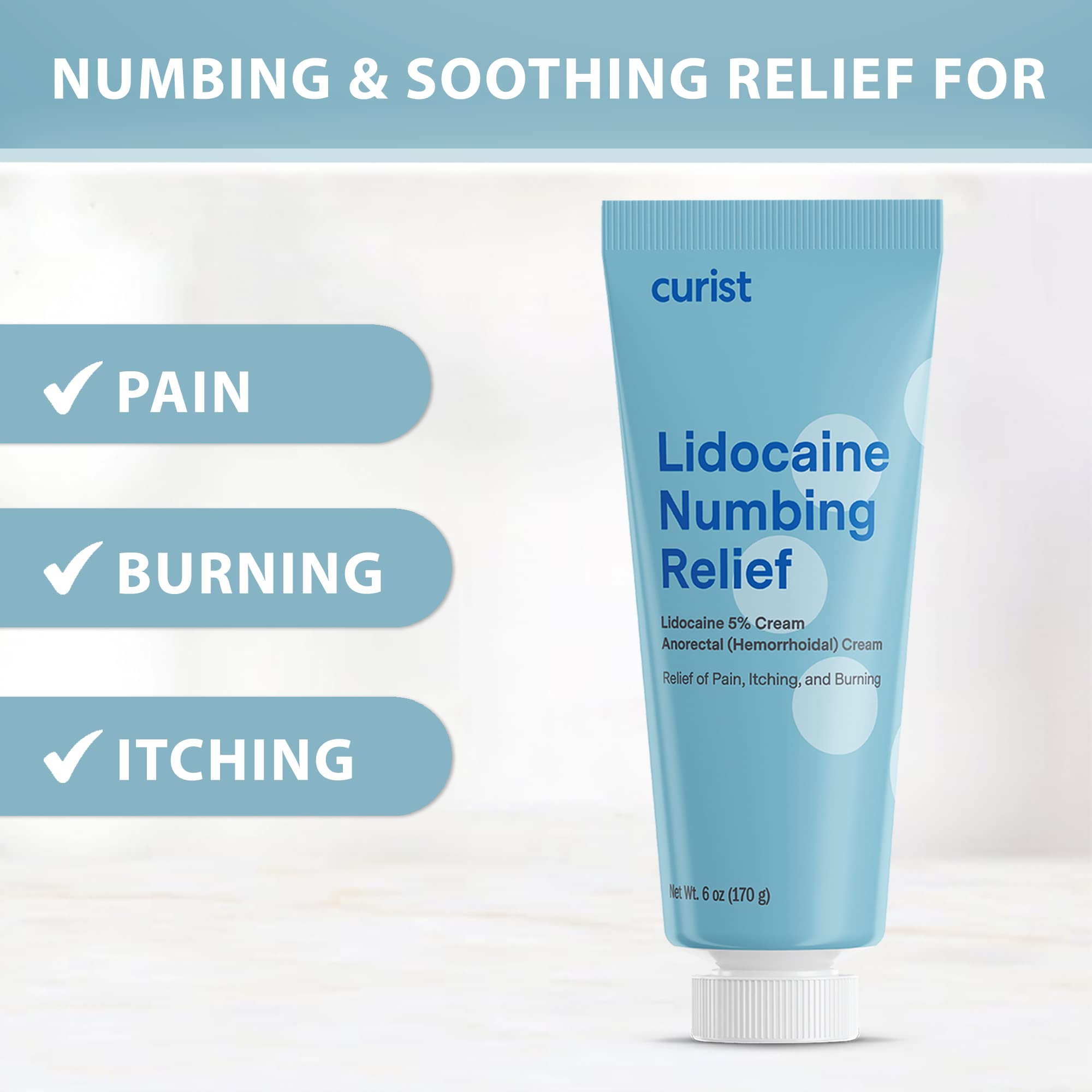Curist 5% Lidocaine Numbing Cream - 6 oz (170 g) XL Tube - Soothing Numbing Cream for Temporary Discomfort, Itching, and Burning from Hemorrhoids Lidocaine 5% (1 Pack - 6 oz Tube) - Maple Wellness Supplements