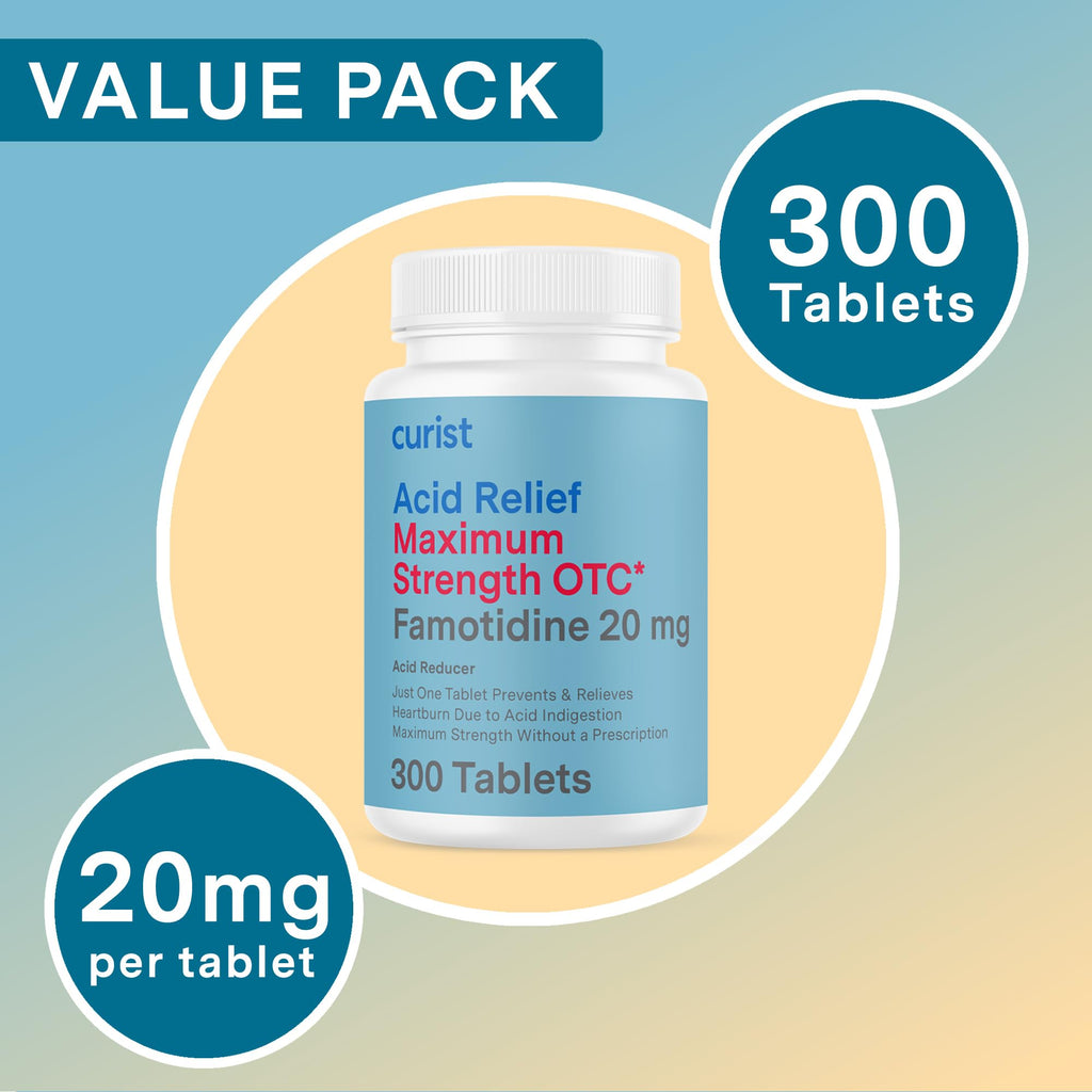 Curist Famotidine 20mg Bulk Pack (300 Count Tablets) Acid Reflux Medicine for Heartburn Relief - OTC Maximum Strength Stomach Acid Reducer - Anti Acid Relief Tablets for Indigestion Heartburn Relief - Maple Wellness Supplements