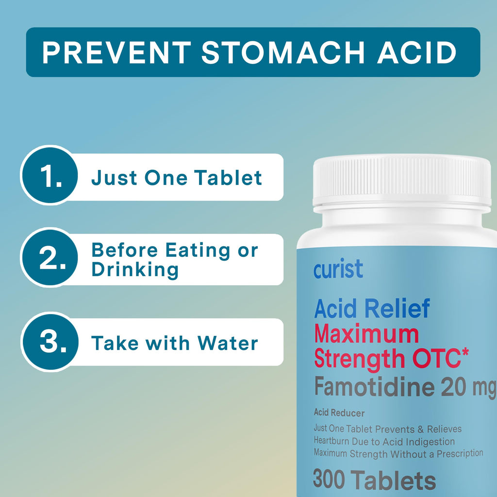 Curist Famotidine 20mg Bulk Pack (300 Count Tablets) Acid Reflux Medicine for Heartburn Relief - OTC Maximum Strength Stomach Acid Reducer - Anti Acid Relief Tablets for Indigestion Heartburn Relief - Maple Wellness Supplements