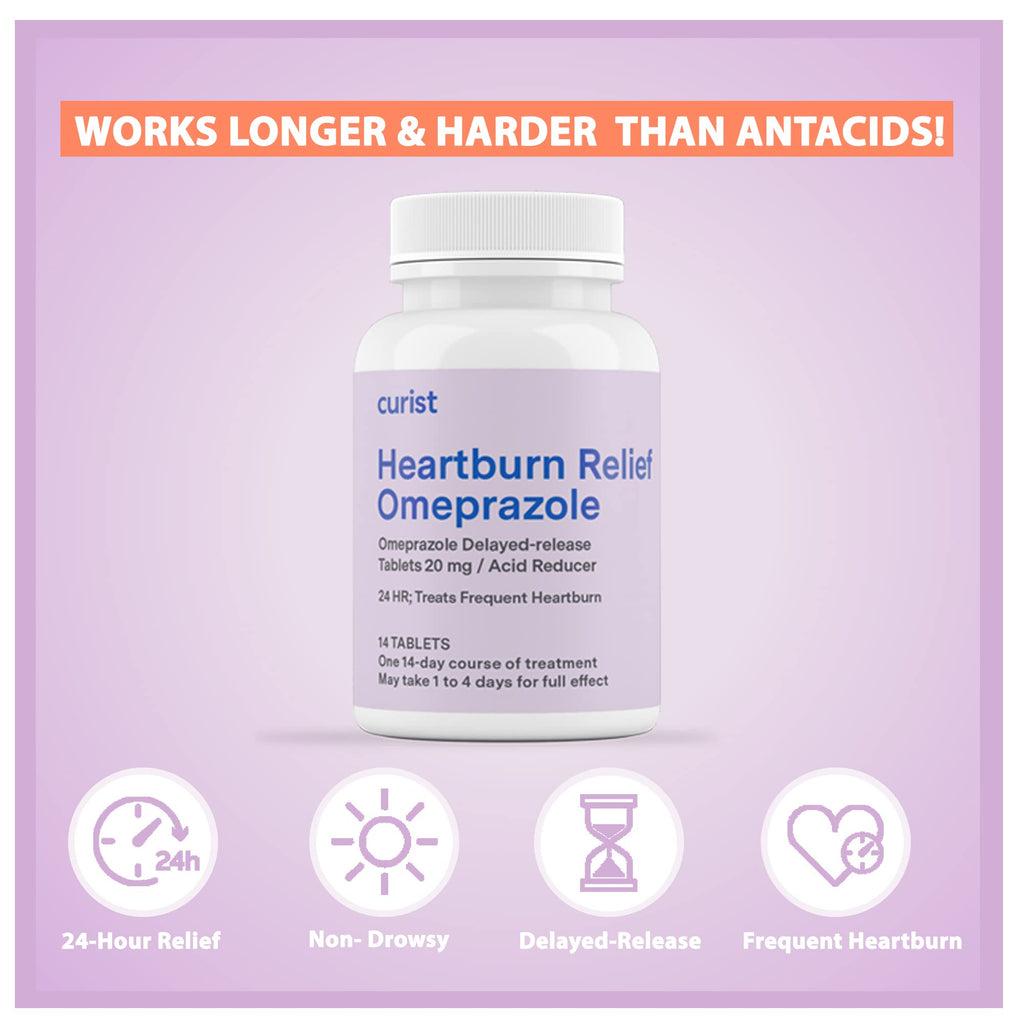 Curist Omeprazole 20mg Tablets - 42 Count Delayed-Release Tablets - Acid Reflux Medicine for Heartburn Relief - Maple Wellness Supplements