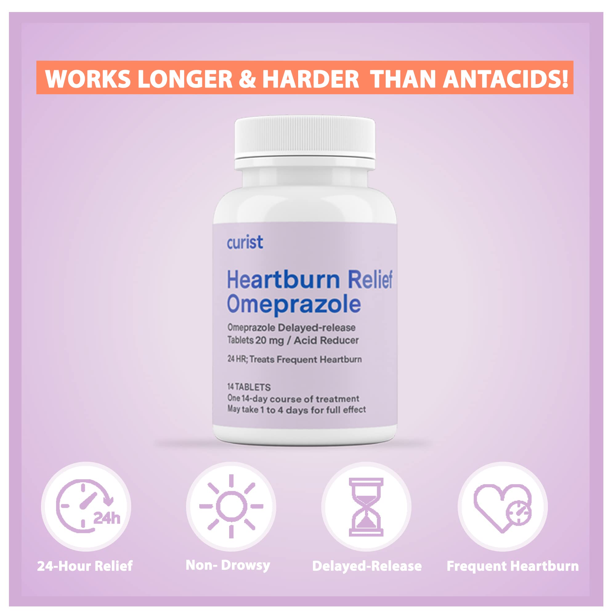 Curist Omeprazole 20mg Tablets - 42 Count Delayed-Release Tablets - Acid Reflux Medicine for Heartburn Relief - Maple Wellness Supplements