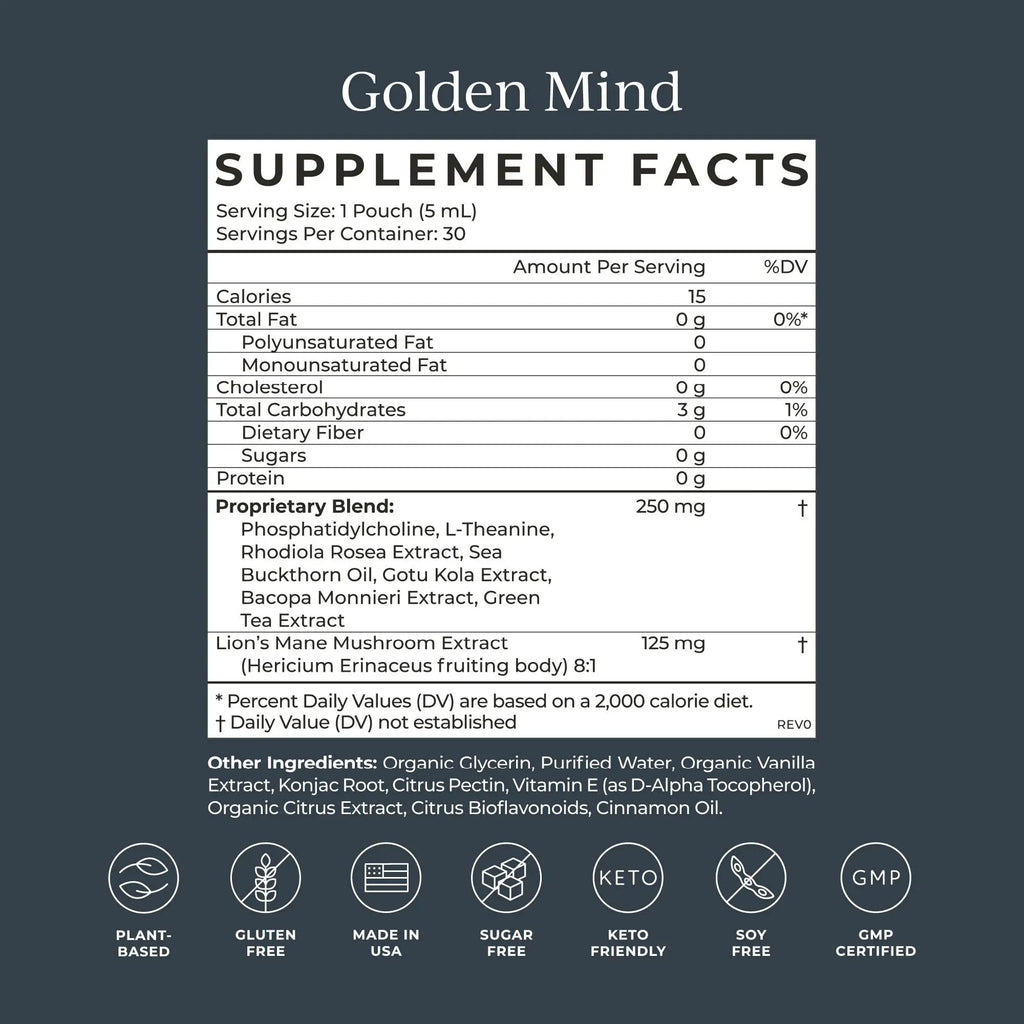 CYMBIOTIKA Golden Mind Nootropic - Boosts Focus, Memory, Alertness, Supports Nervous System with Bacopa, Green Tea, Lion’s Mane, L-Theanine, Rhodiola | 30 Pouches - TrustMedUSA