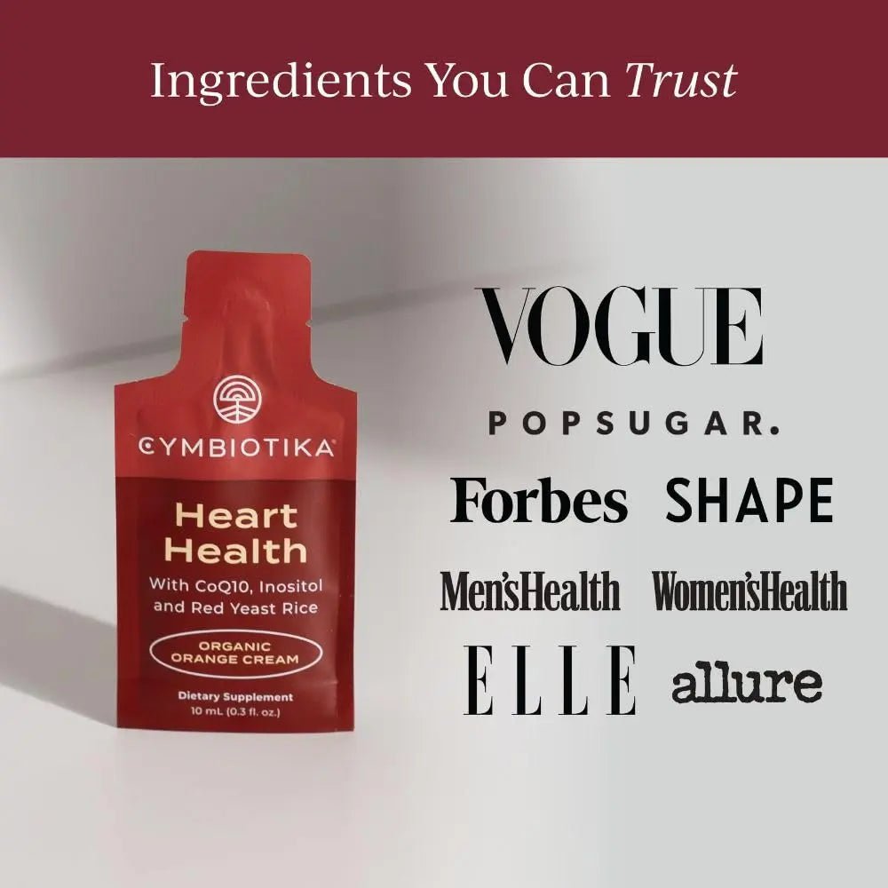CYMBIOTIKA Heart Health Supplement with CoQ10, Red Yeast Rice & Inositol, Gluten Free Supplements to Support Circulation & Aging, Organic Orange Cream Flavor, 30 Pack - TrustMedUSA