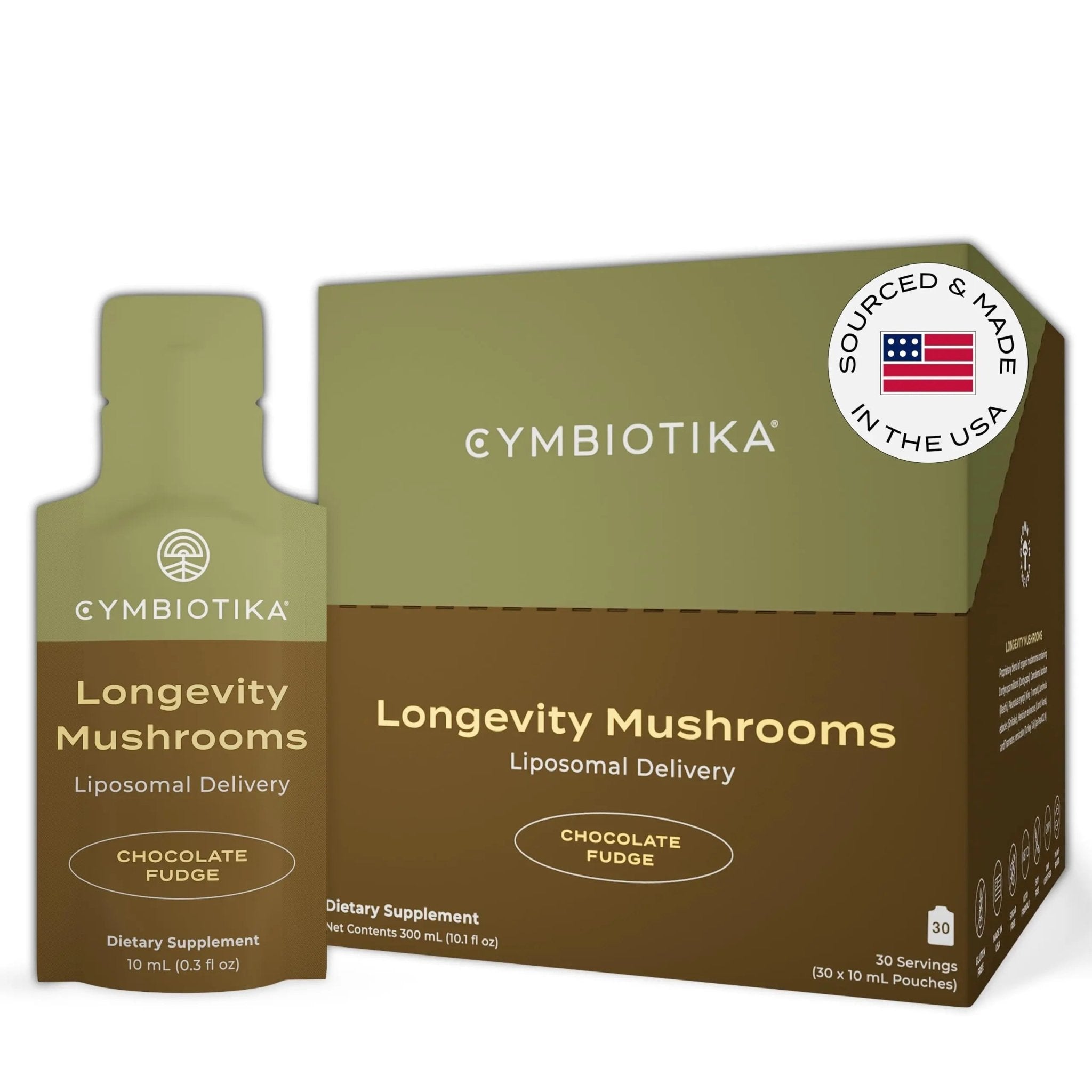 CYMBIOTIKA Liposomal Mushroom Supplement with Lion's Mane, Turkey Tail, B-Vitamins, Cordyceps & Reishi Mushrooms, Supplements for Immune Support and Energy, Chocolate Fudge Flavor, 30 Pack - TrustMedUSA