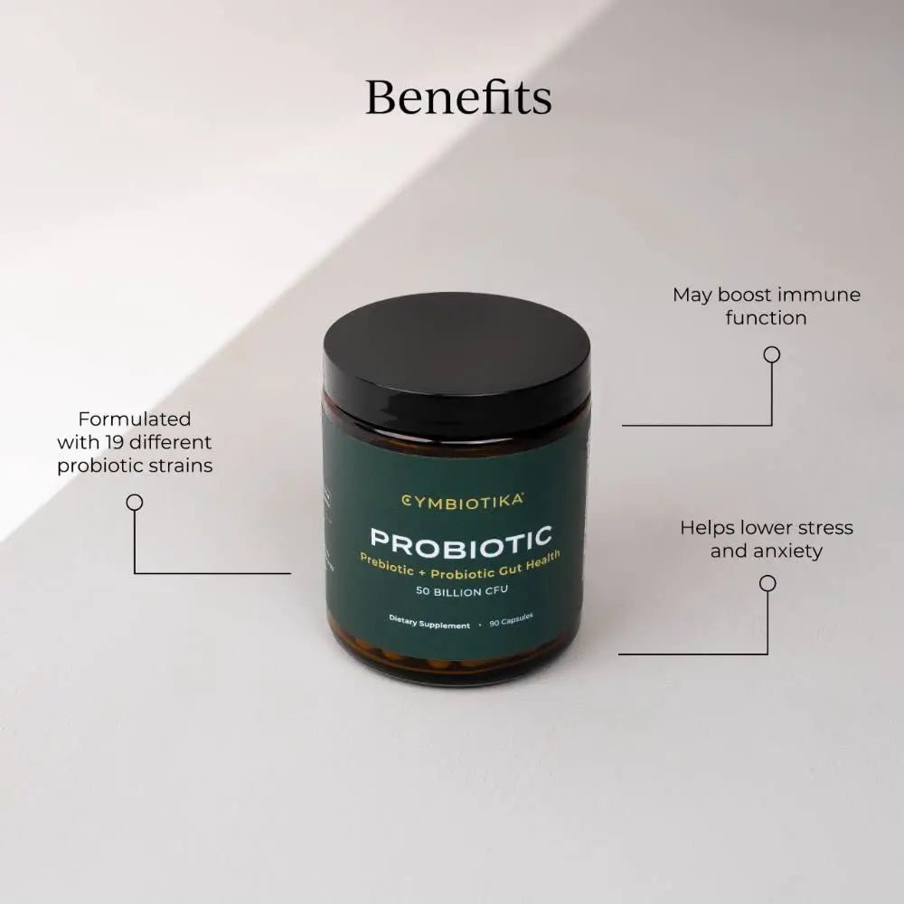 CYMBIOTIKA Probiotic + Prebiotic, 60 Billion CFU - 19 Strains, Gut Health Supplement for Women & Men, Immune Support, Digestive Health, & Gut Balance, 90 Capsules, 1 Month Supply, Made in USA - TrustMedUSA