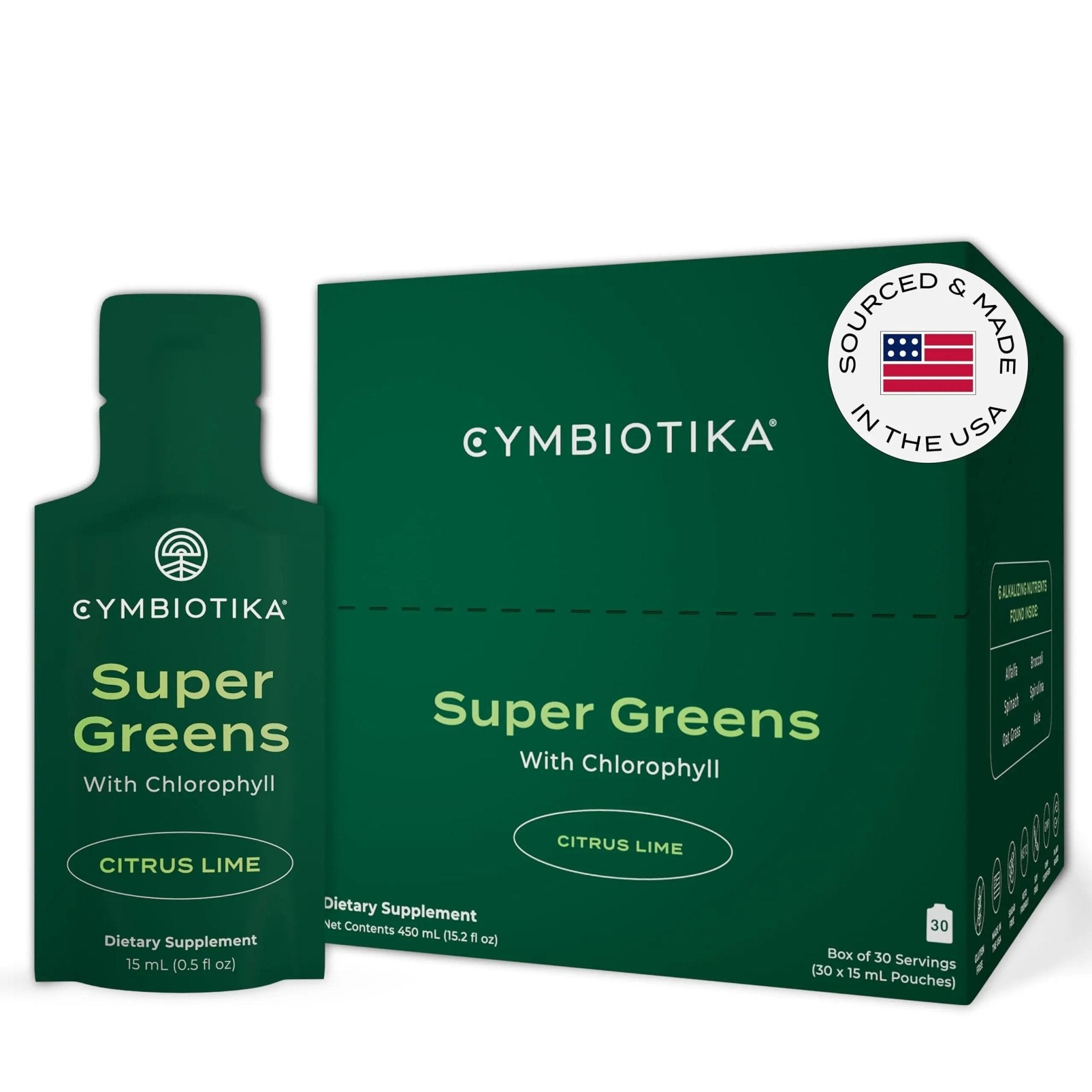CYMBIOTIKA Super Greens Supplement with Chlorophyll, Spirulina, Daily Vegan Superfood Packets for Digestive Gut Health, Detox, Energy and Immune Support, Citrus Lime Flavor, 15 mL Pouches, 30 Pack - TrustMedUSA