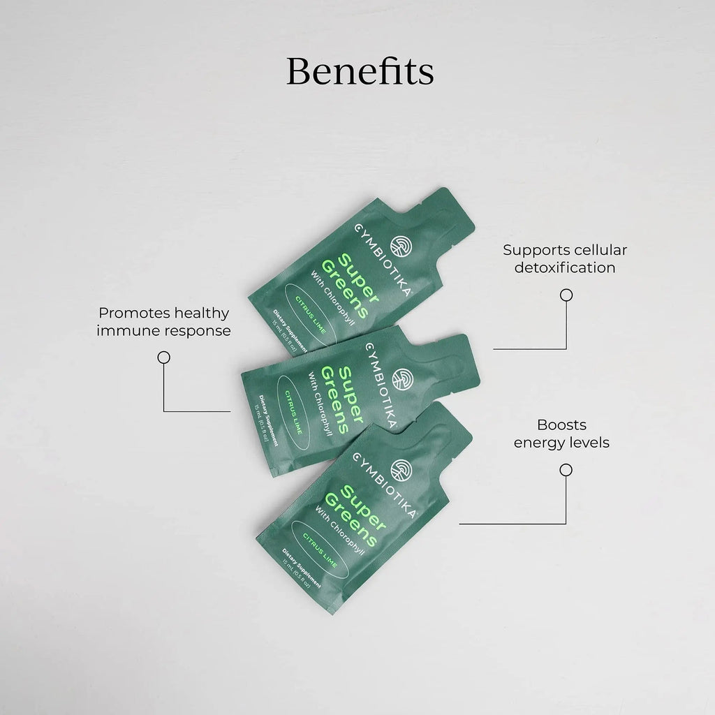 CYMBIOTIKA Super Greens Supplement with Chlorophyll, Spirulina, Daily Vegan Superfood Packets for Digestive Gut Health, Detox, Energy and Immune Support, Citrus Lime Flavor, 15 mL Pouches, 30 Pack - TrustMedUSA