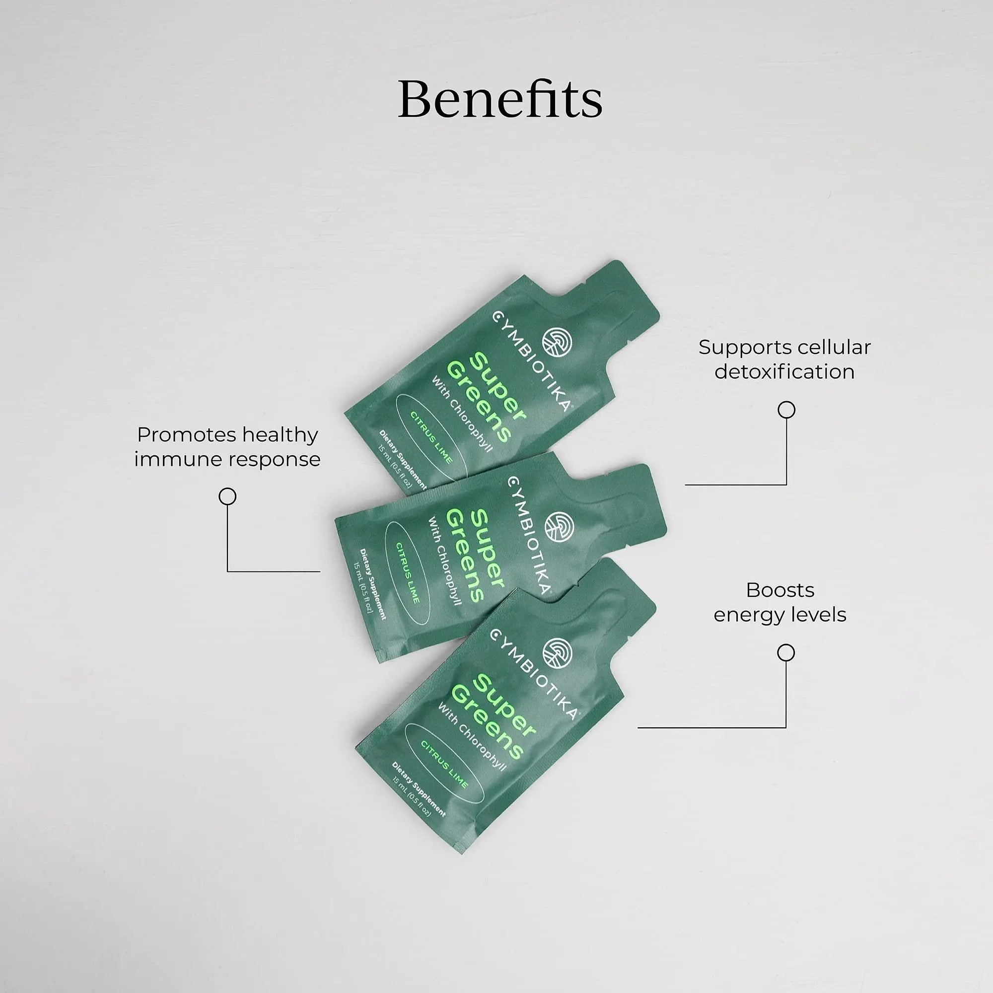 CYMBIOTIKA Super Greens Supplement with Chlorophyll, Spirulina, Daily Vegan Superfood Packets for Digestive Gut Health, Detox, Energy and Immune Support, Citrus Lime Flavor, 15 mL Pouches, 30 Pack - TrustMedUSA