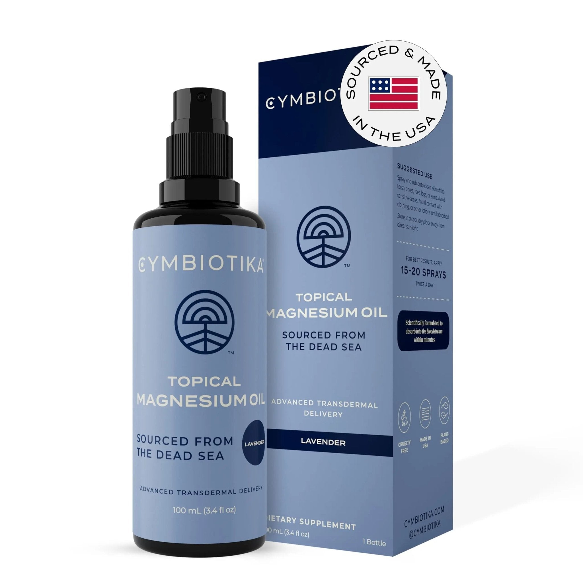 CYMBIOTIKA Topical Magnesium Oil Spray for Body, USA Made, Supplement for Leg Cramps, Muscle, Joint Health & Sleep Support, Includes Magnesium Chloride, Lavender Extract, Aloe Vera - Skin Applicator - TrustMedUSA