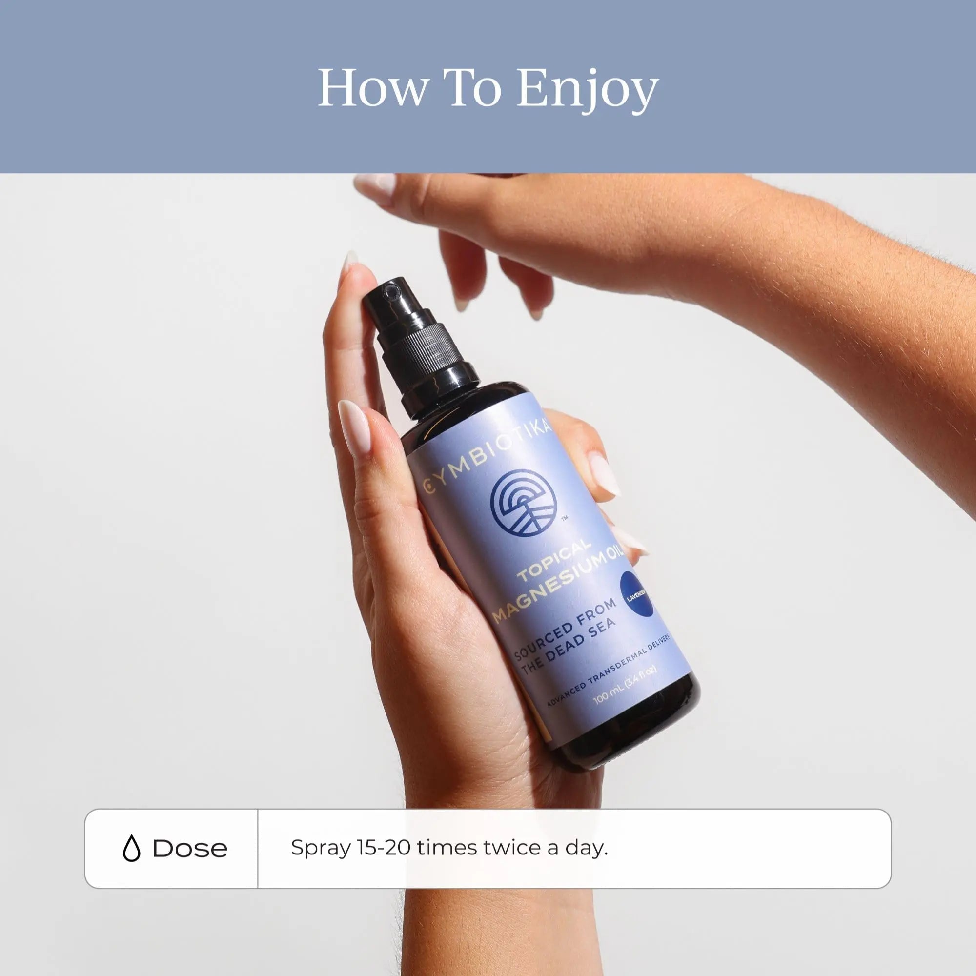 CYMBIOTIKA Topical Magnesium Oil Spray for Body, USA Made, Supplement for Leg Cramps, Muscle, Joint Health & Sleep Support, Includes Magnesium Chloride, Lavender Extract, Aloe Vera - Skin Applicator - TrustMedUSA