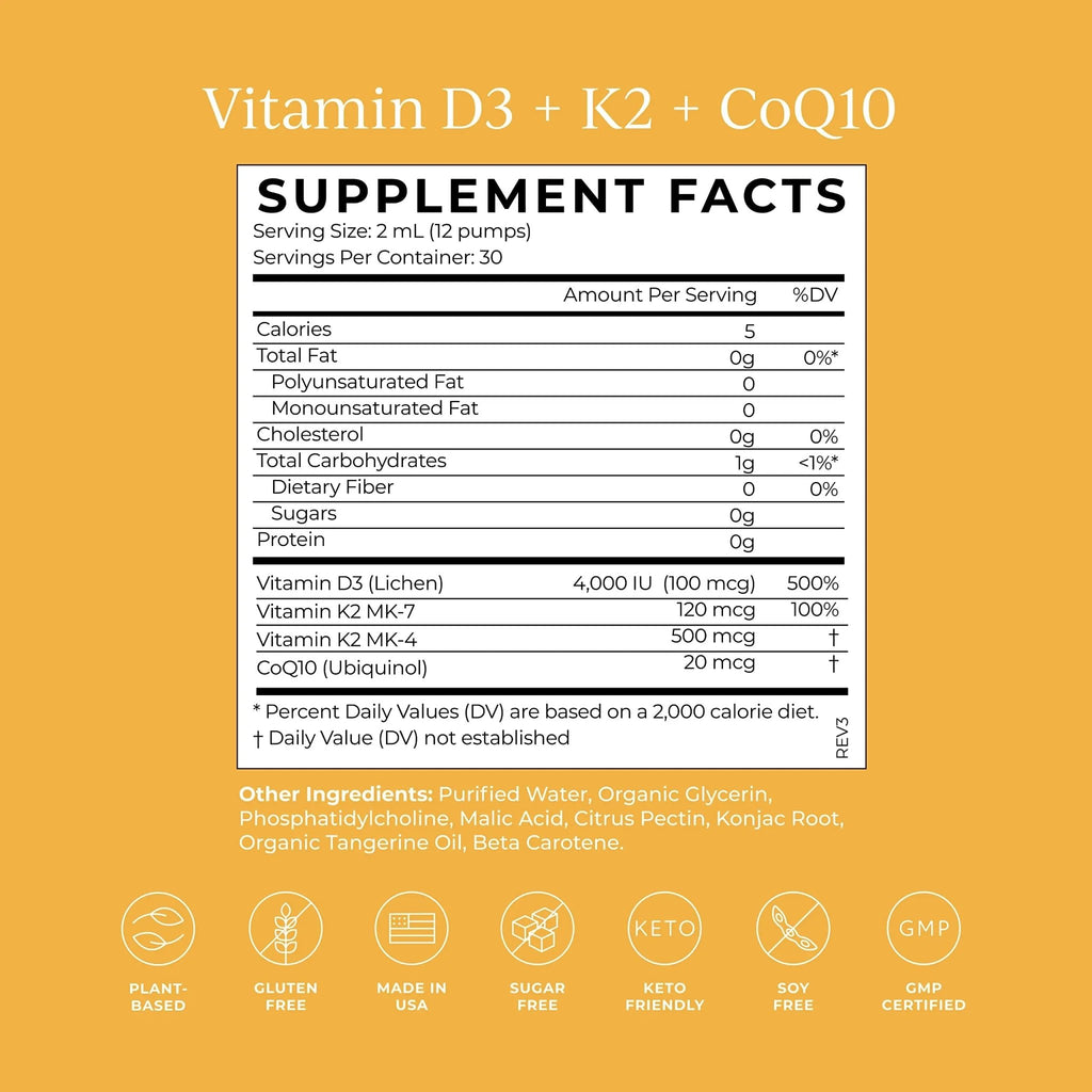 CYMBIOTIKA Vitamin D3 + K2 + CoQ10 Liquid, Vitamin D Supplement for Immune Support, Heart Health & Bone Health, Energy Booster, Liposomal Delivery, Vegan, Keto Ingredients, Tangerine Flavor - TrustMedUSA