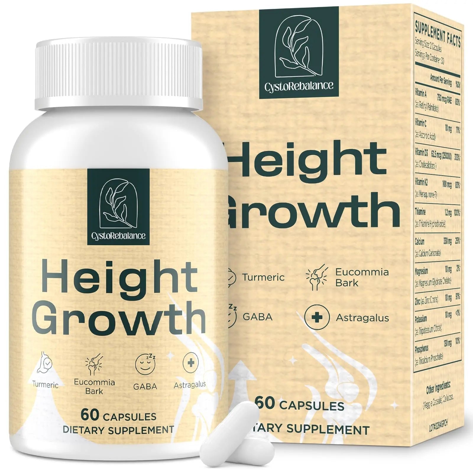 CystoRebalance 25-in 1 Bone Strength Supplement - for Natural Growth, Digestion and Stress - High Absorption - Calcium, Magnesium, Zinc, Ashwaganda and Multivitamins for Age 12+ | 60 Caps - TrustMedUSA