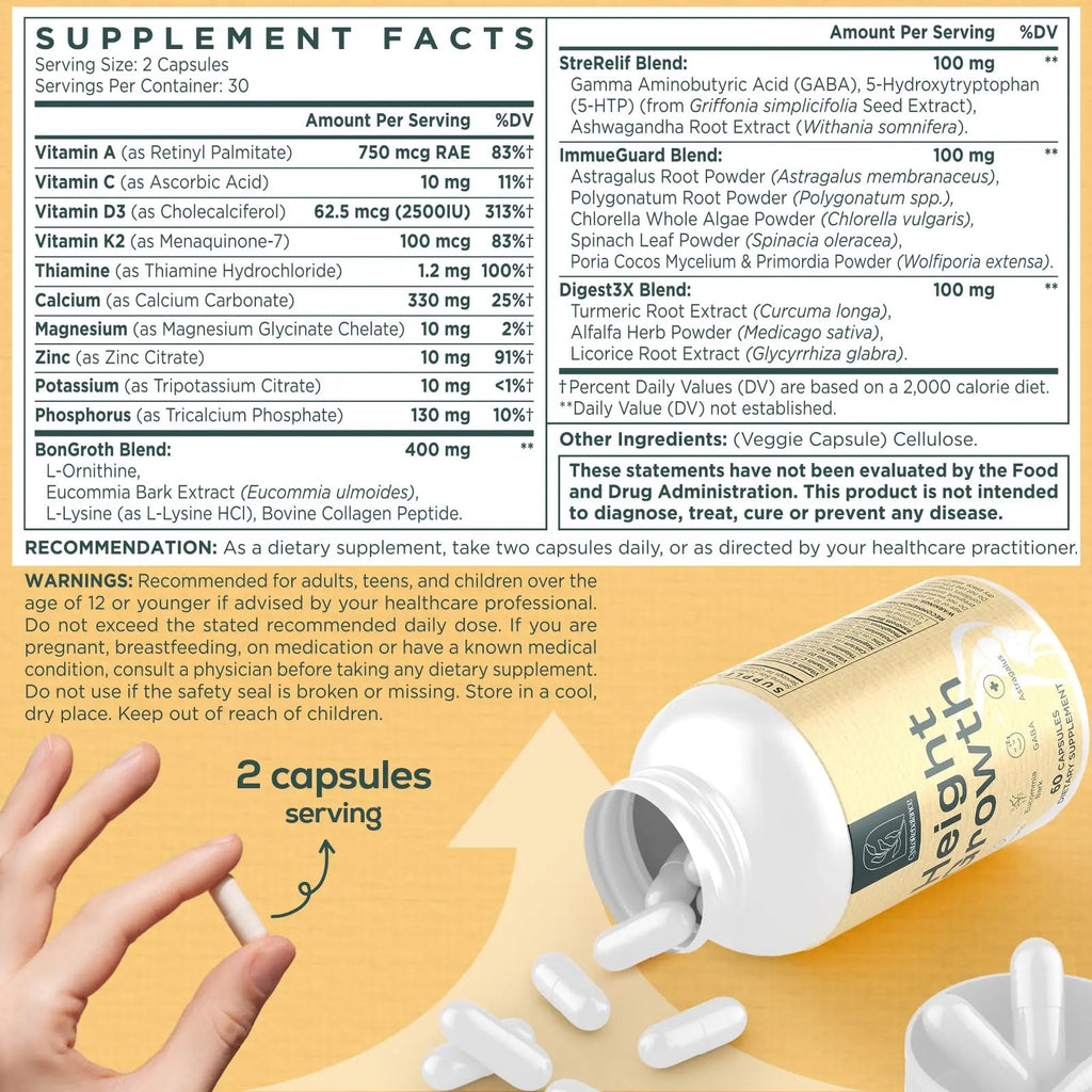 CystoRebalance 25-in 1 Bone Strength Supplement - for Natural Growth, Digestion and Stress - High Absorption - Calcium, Magnesium, Zinc, Ashwaganda and Multivitamins for Age 12+ | 60 Caps - TrustMedUSA
