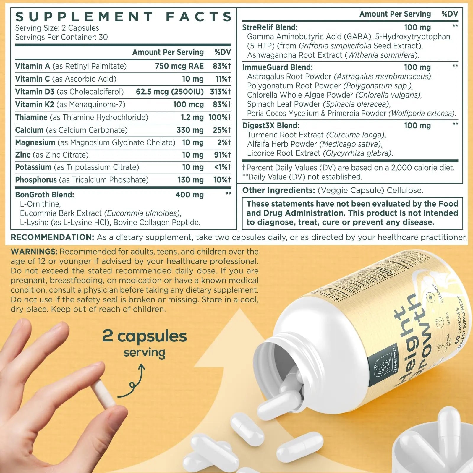 CystoRebalance 25-in 1 Bone Strength Supplement - for Natural Growth, Digestion and Stress - High Absorption - Calcium, Magnesium, Zinc, Ashwaganda and Multivitamins for Age 12+ | 60 Caps - TrustMedUSA