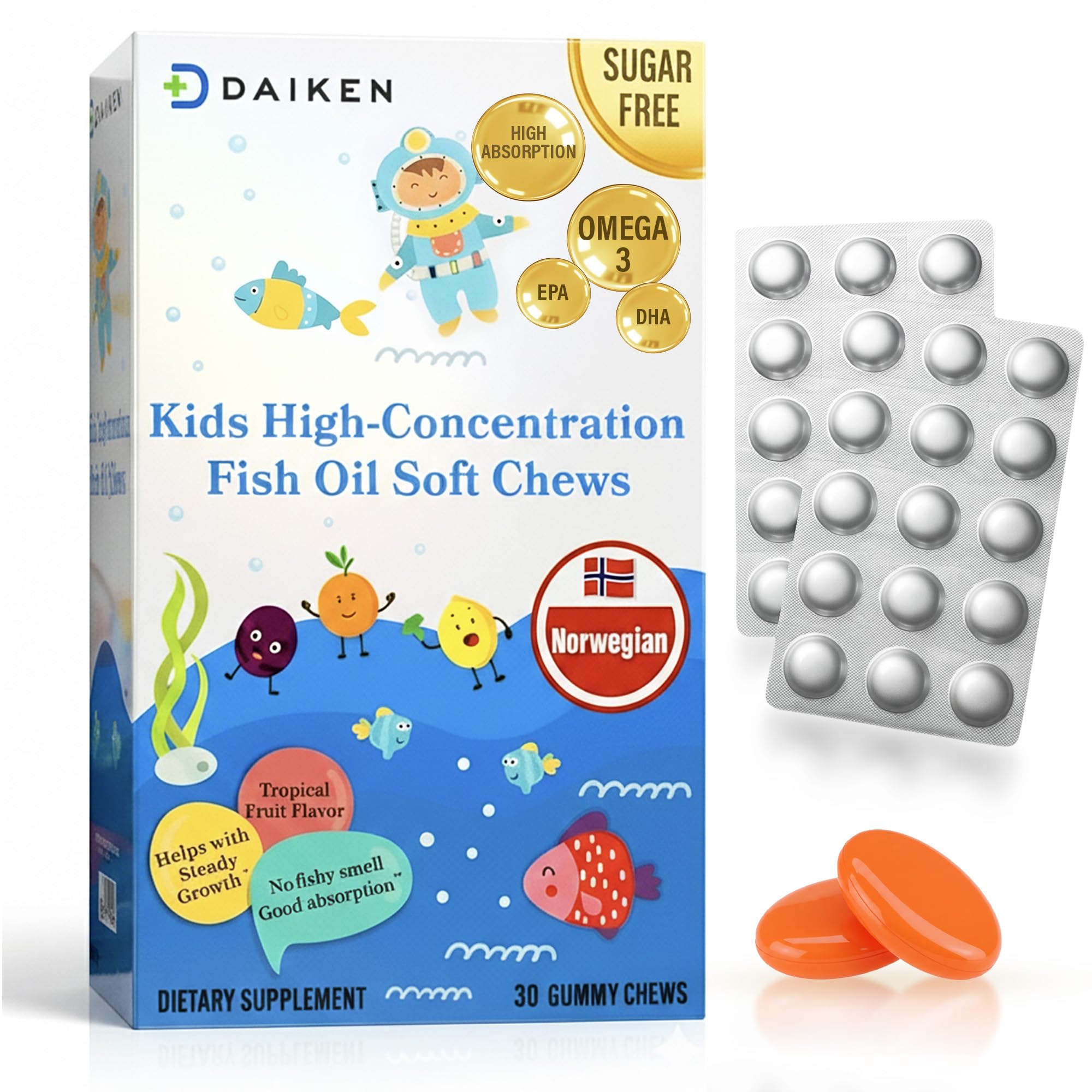 DAIKEN High Concentration Kids Fish Oil Omega-3 Gummies, No Sugar Added, Individually Wrapped, 300 mg Omega-3 (DHA & EPA) with Vitamin D3 for Kid, 30 Count, Tropical Fruit Flavor, Norwegian Sourced - TrustMedUSA