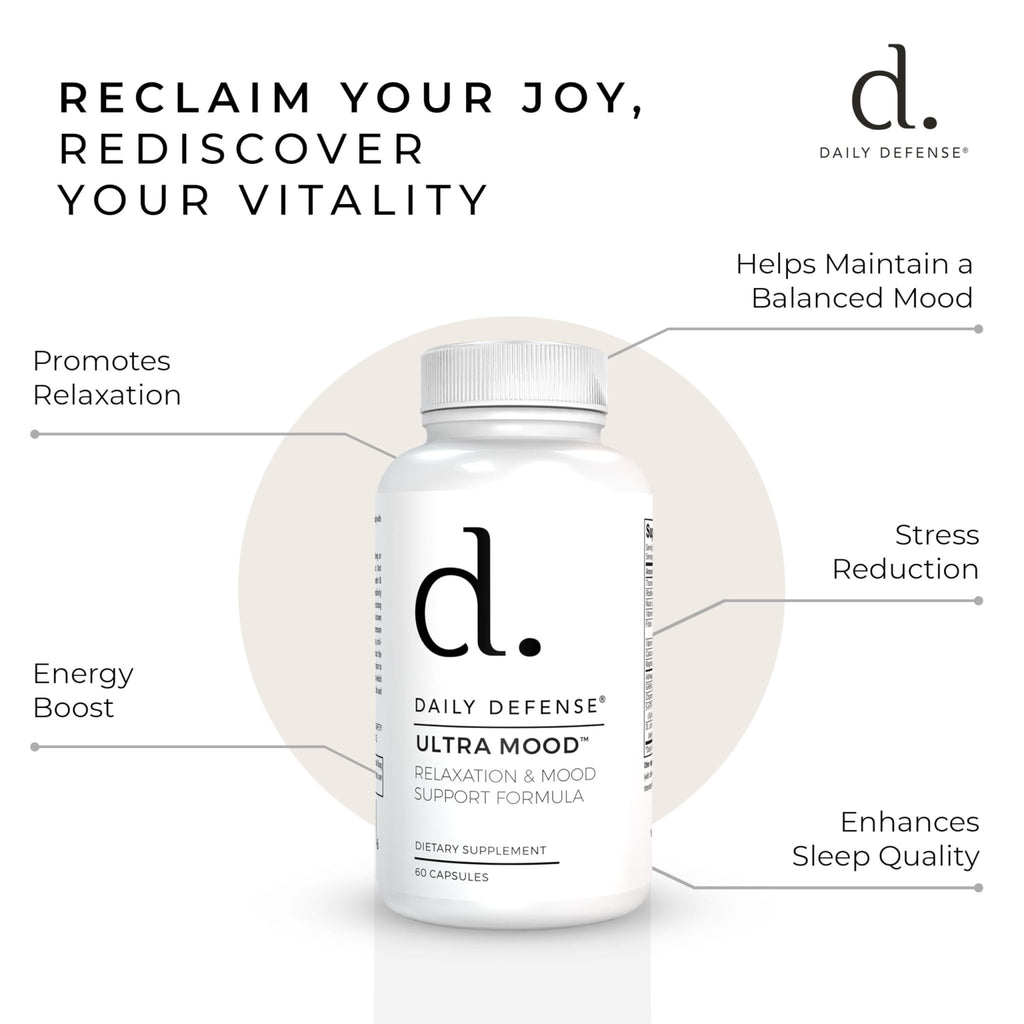 Daily Defense Mood Support Supplement - Ultra Mood 60 Count Mood Enhancer with Calcium Carbonate, Folic Acid, GABA, 5-HTP, Ashwagandha Root Extract & More - Non GMO Mood & Relaxation Supplement - TrustMedUSA