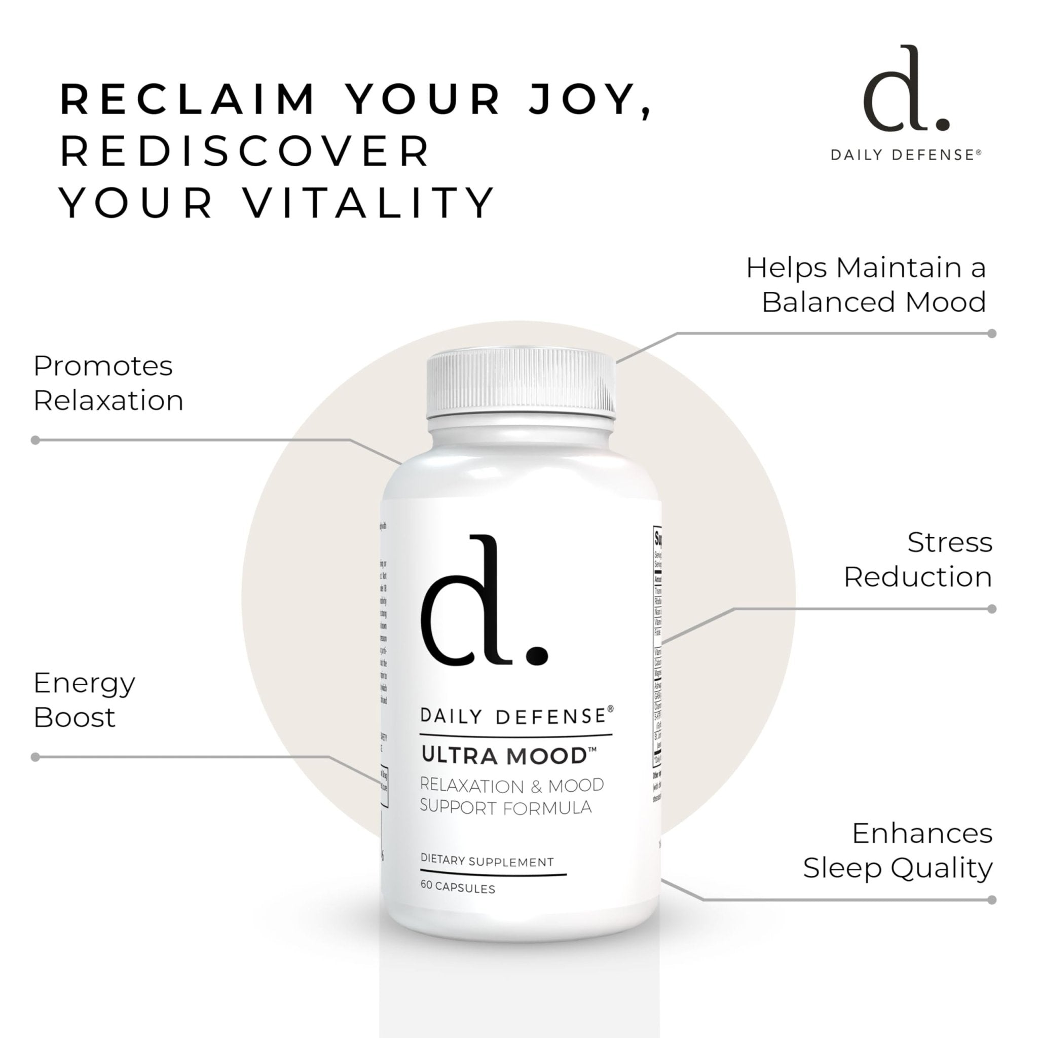 Daily Defense Mood Support Supplement - Ultra Mood 60 Count Mood Enhancer with Calcium Carbonate, Folic Acid, GABA, 5-HTP, Ashwagandha Root Extract & More - Non GMO Mood & Relaxation Supplement - TrustMedUSA