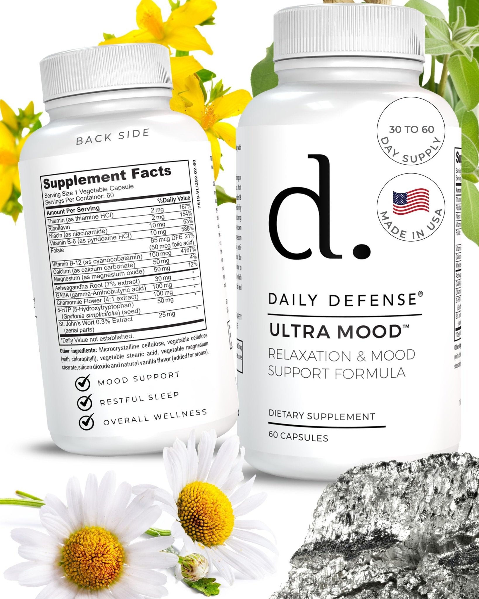 Daily Defense Mood Support Supplement - Ultra Mood 60 Count Mood Enhancer with Calcium Carbonate, Folic Acid, GABA, 5-HTP, Ashwagandha Root Extract & More - Non GMO Mood & Relaxation Supplement - TrustMedUSA