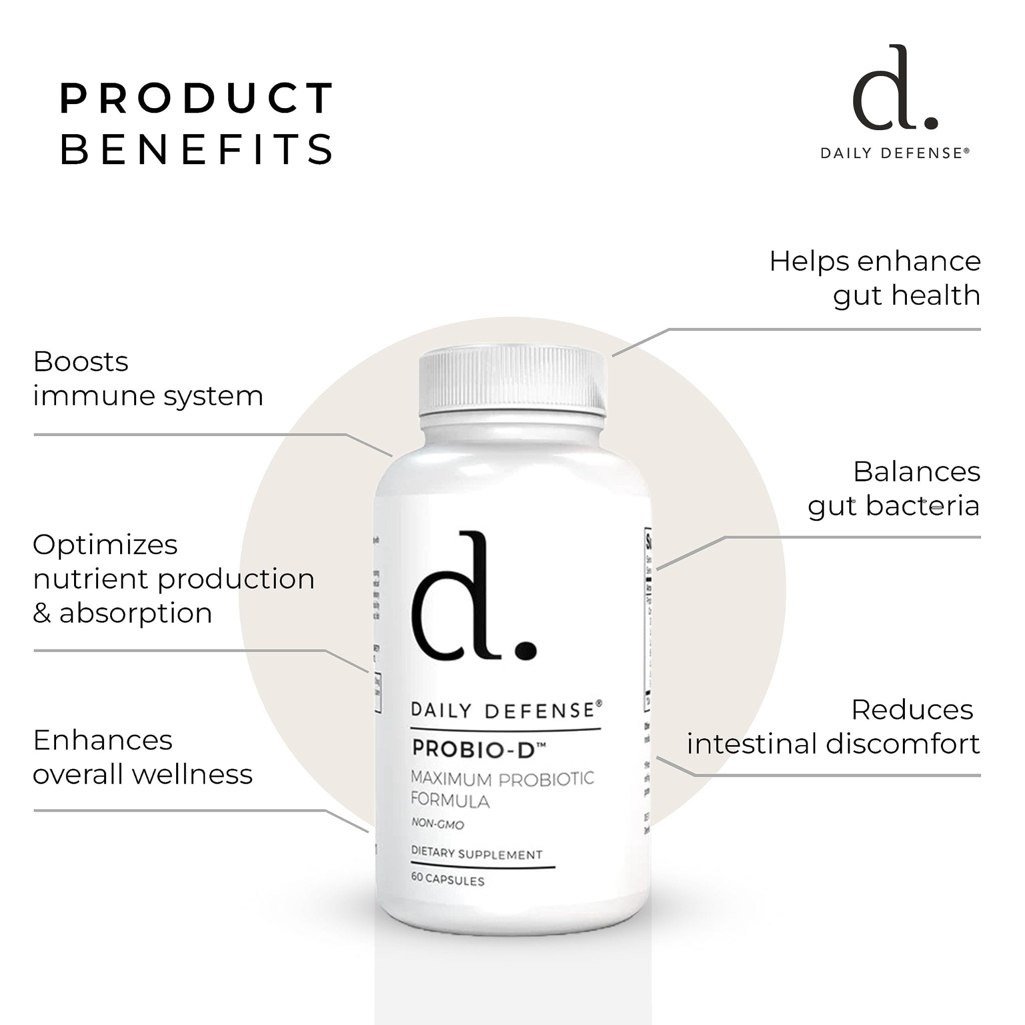 Daily Defense Probiotic Immune Support Supplement - Daily Probiotics for Men with Constipation & Gas - Digestion and Bloating Supplement & Probiotics for Women - 60 Capsules, PROBIO-D - TrustMedUSA