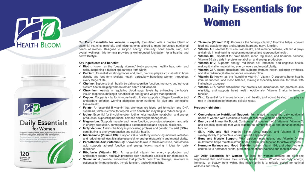 Daily Essentials for Women| 120 Capsules | Health Bloom | Vitamins and Minerals Capsules | - TrustMedUSA