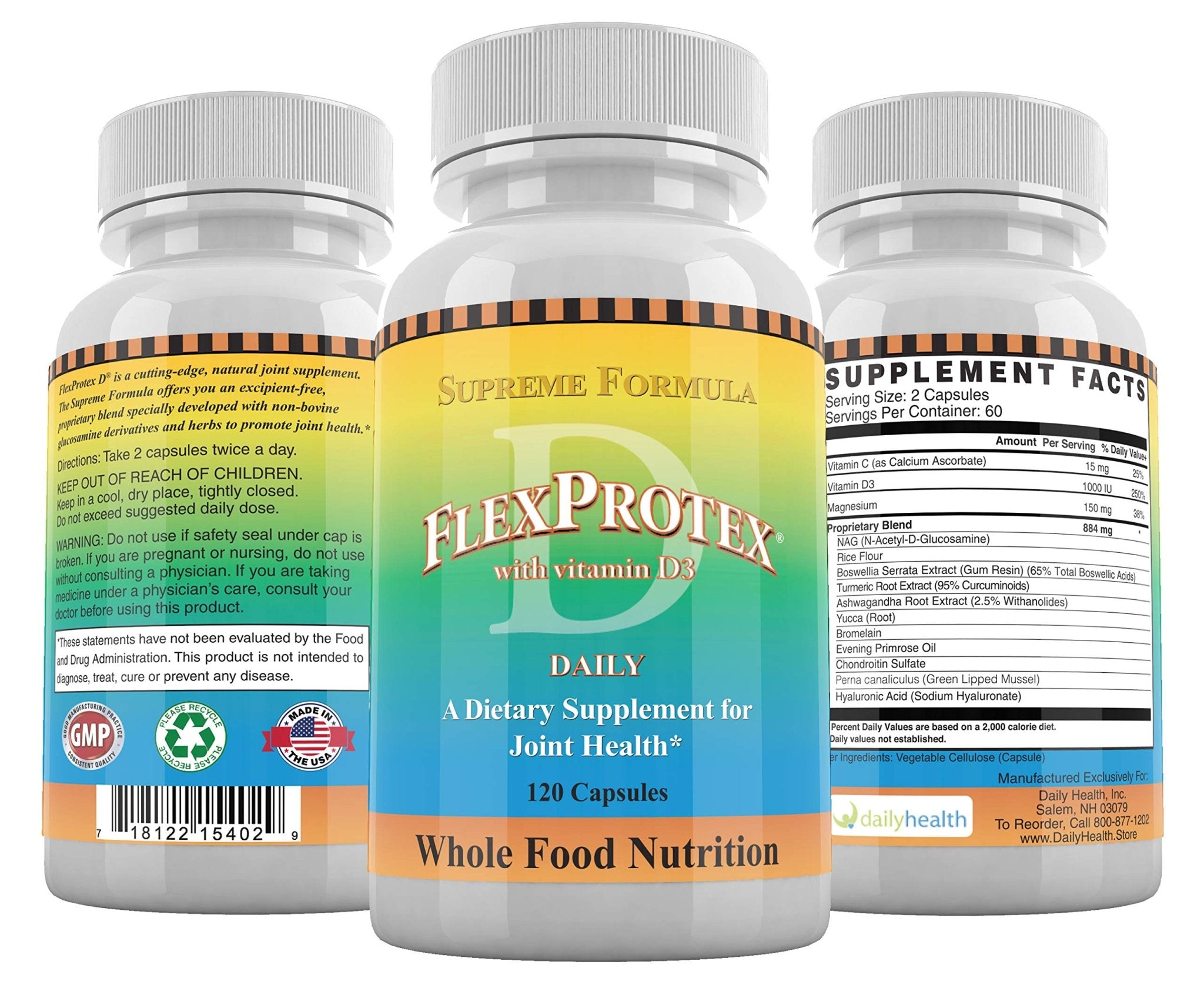 Daily Health, FlexProtex D Joint Muscle Support Supplement 3 Bottles Plus 1 Bottle Daily Marine Coral Calcium 90 Capsules - TrustMedUSA