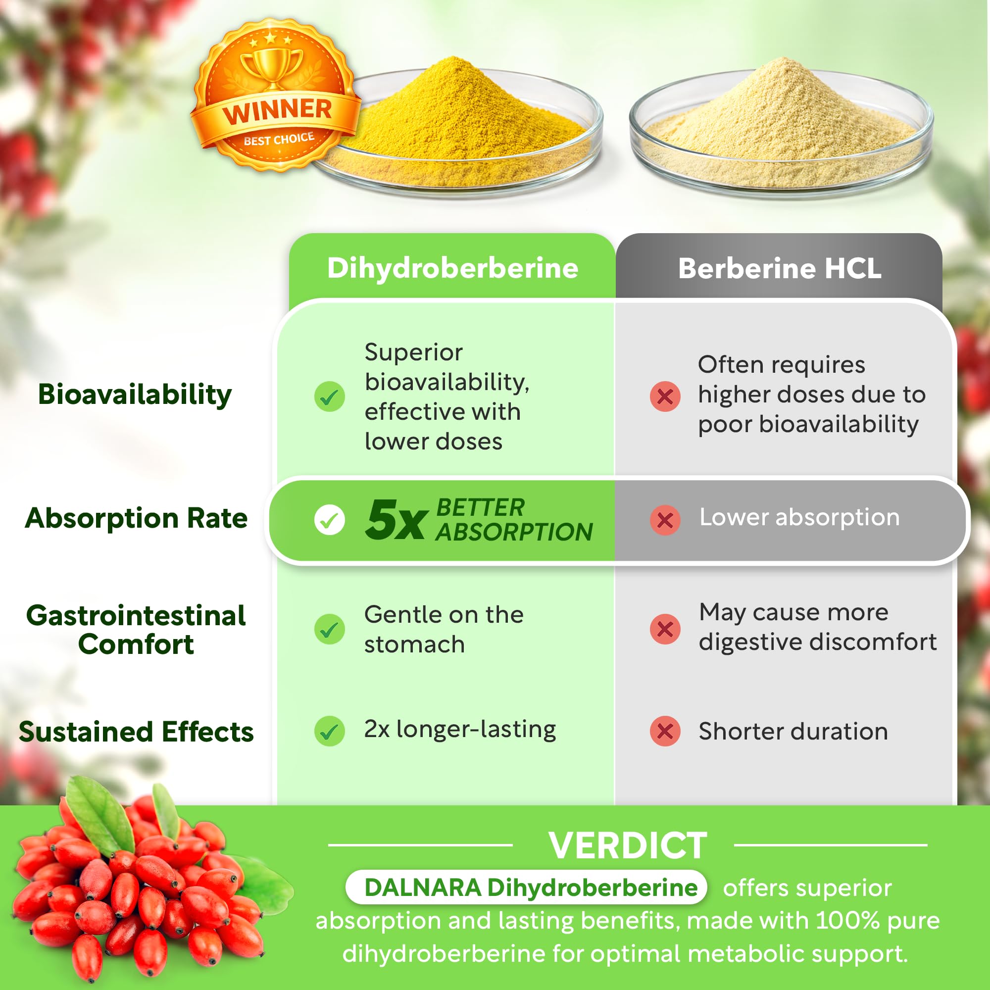 Dalnara Dihydroberberine Capsules 250mg, 60 Count - Supports Metabolic Wellness & Balanced Energy, Non-GMO,Dihydroberberine Supplement - TrustMedUSA