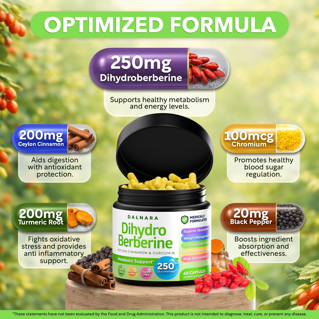 Dalnara Dihydroberberine Capsules 250mg, 60 Count - Supports Metabolic Wellness & Balanced Energy, Non-GMO,Dihydroberberine Supplement - TrustMedUSA