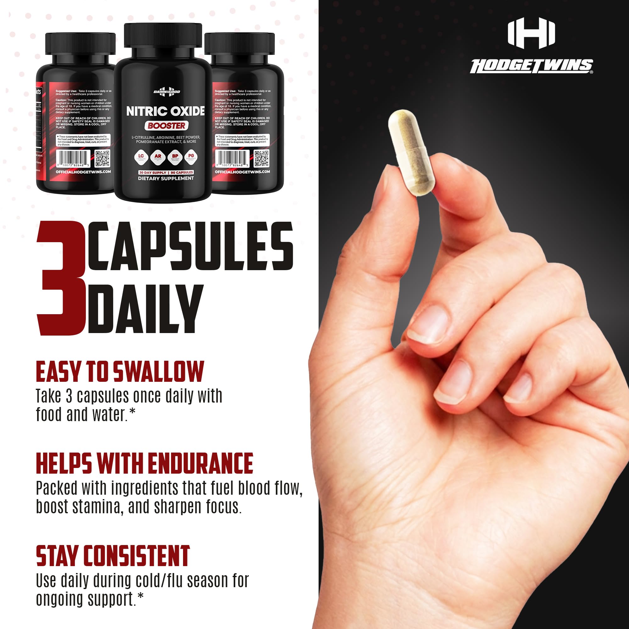 DAMN GOOD The Hodge Twins Nitric Oxide Booster – Beet Root Nitric Oxide & Arginine Citrulline Supplement, Pomegranate Blend for Workout Drive, Endurance Support & Pump Power - 90 Capsules - TrustMedUSA