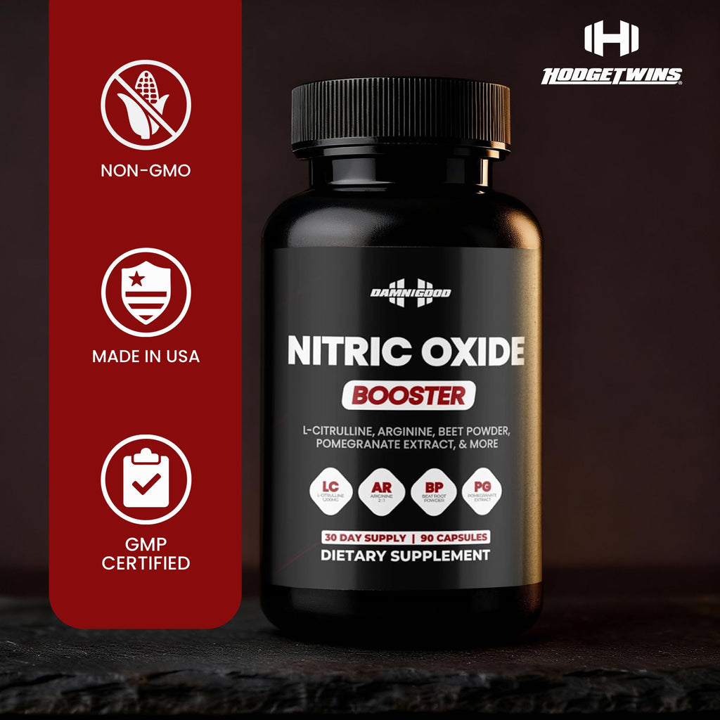 DAMN GOOD The Hodge Twins Nitric Oxide Booster – Beet Root Nitric Oxide & Arginine Citrulline Supplement, Pomegranate Blend for Workout Drive, Endurance Support & Pump Power - 90 Capsules - TrustMedUSA