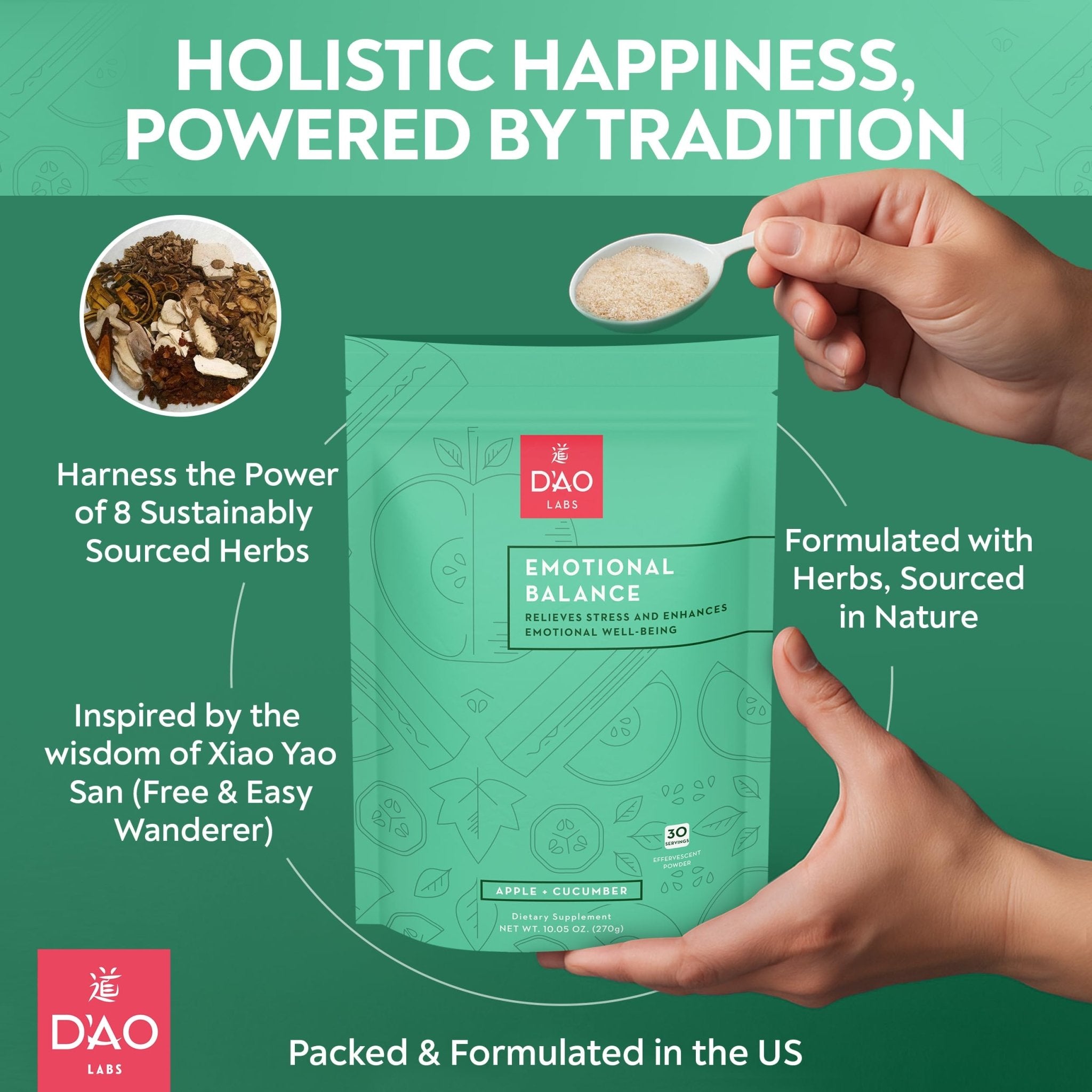 D'AO Labs Emotional Balance - Emotional Balance Powder - Calm & Stress Relief - Effervescent Powder with Apple-Cucumber Flavor - Xiao Yao San Traditional Chinese Herbal - 30 Individual Servings - TrustMedUSA