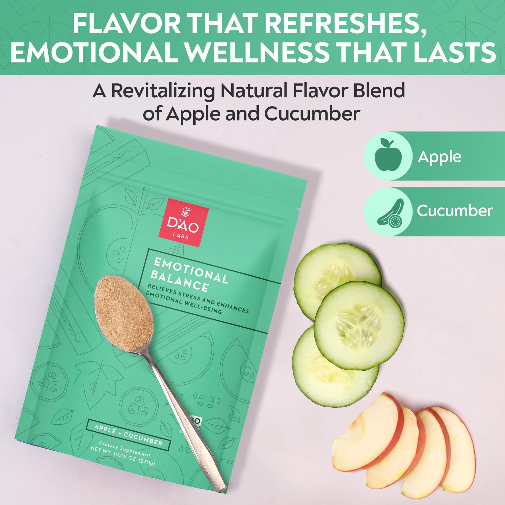D'AO Labs Emotional Balance - Emotional Balance Powder - Calm & Stress Relief - Effervescent Powder with Apple-Cucumber Flavor - Xiao Yao San Traditional Chinese Herbal - 30 Individual Servings - TrustMedUSA