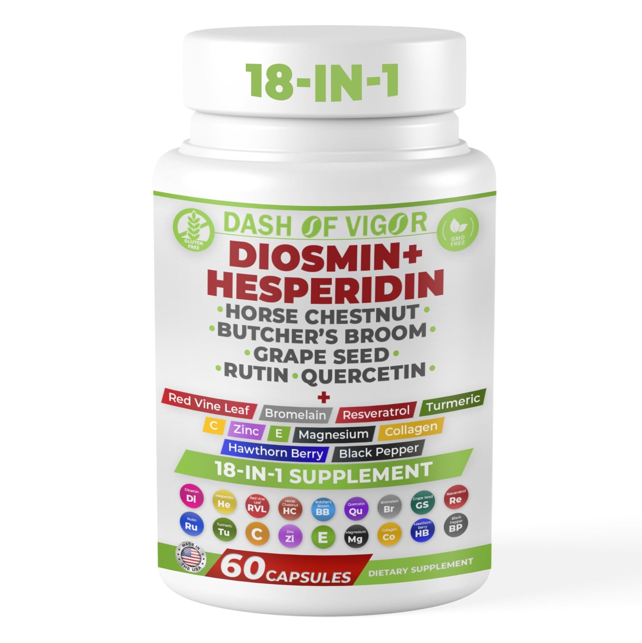 Dash of Vigor 18-in-1 Diosmin Hesperidin Supplement, Quercetin with Bromelain, Zinc, Vitamin C with Rutin Supplement, Horse Chestnut Extract, Butcher's Broom Extract, USA, 60 Capsules - TrustMedUSA