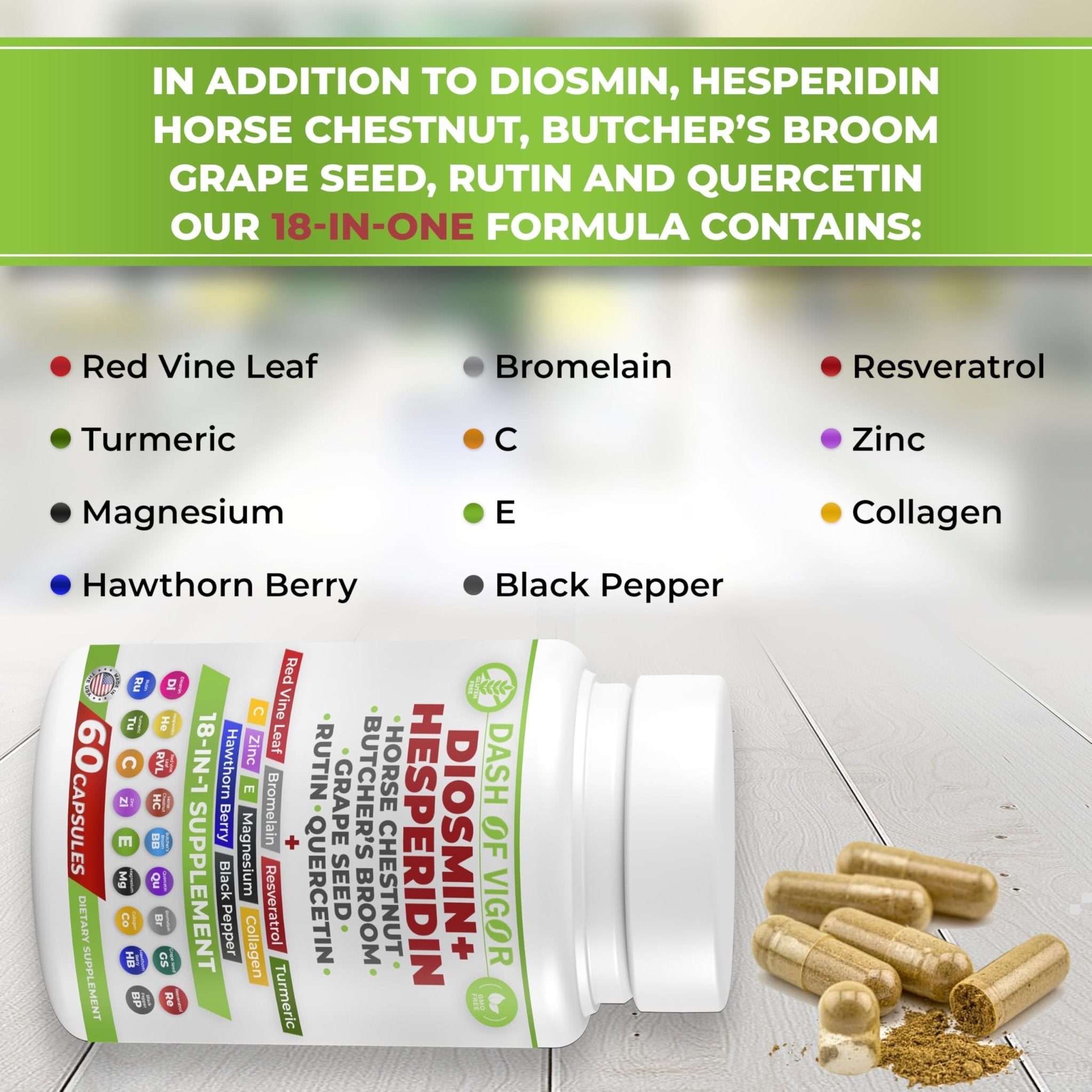 Dash of Vigor 18-in-1 Diosmin Hesperidin Supplement, Quercetin with Bromelain, Zinc, Vitamin C with Rutin Supplement, Horse Chestnut Extract, Butcher's Broom Extract, USA, 60 Capsules - TrustMedUSA