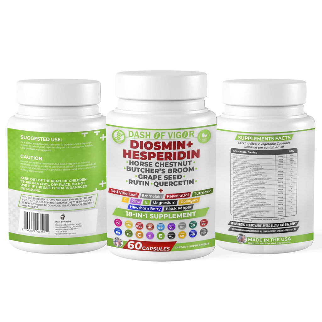 Dash of Vigor 18-in-1 Diosmin Hesperidin Supplement, Quercetin with Bromelain, Zinc, Vitamin C with Rutin Supplement, Horse Chestnut Extract, Butcher's Broom Extract, USA, 60 Capsules - TrustMedUSA