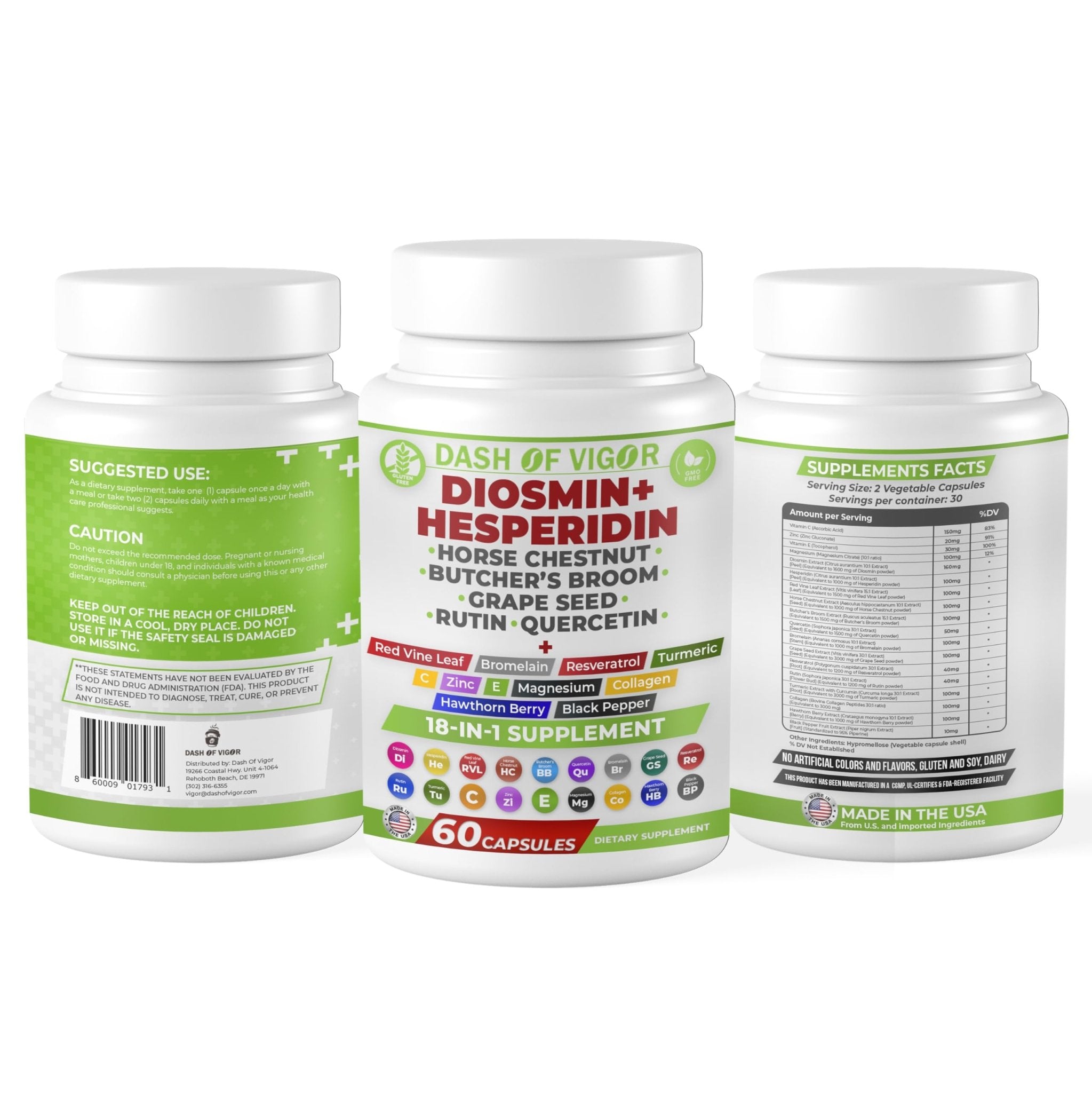 Dash of Vigor 18-in-1 Diosmin Hesperidin Supplement, Quercetin with Bromelain, Zinc, Vitamin C with Rutin Supplement, Horse Chestnut Extract, Butcher's Broom Extract, USA, 60 Capsules - TrustMedUSA