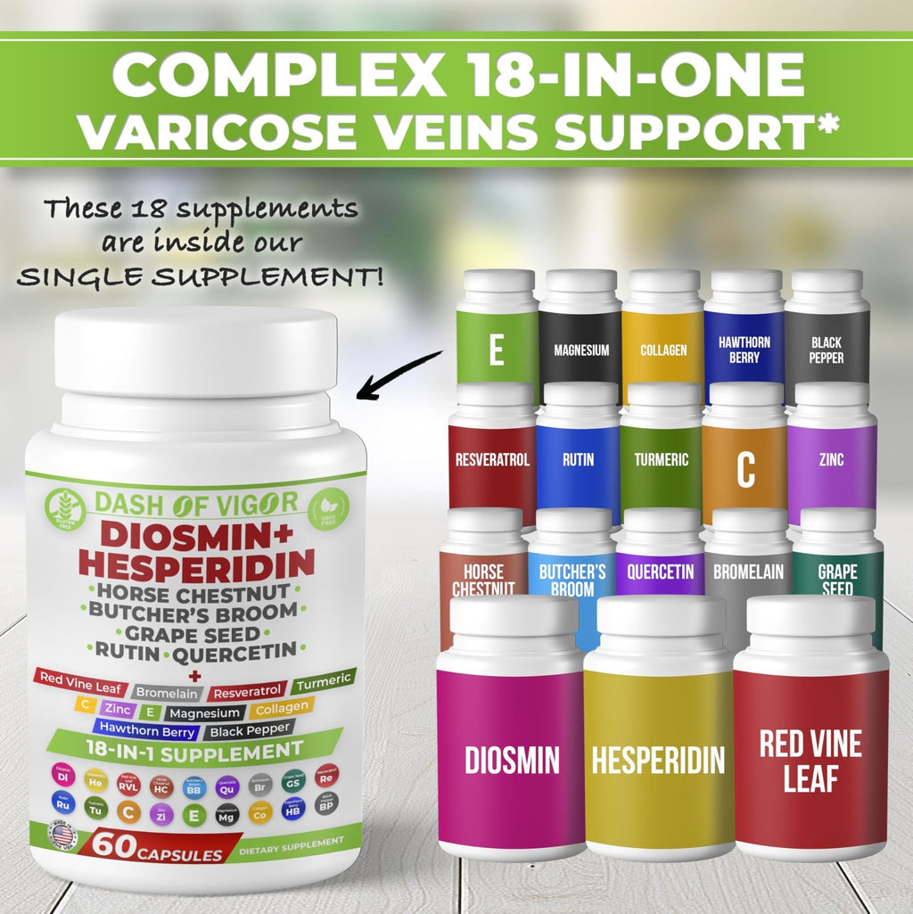 Dash of Vigor 18-in-1 Diosmin Hesperidin Supplement, Quercetin with Bromelain, Zinc, Vitamin C with Rutin Supplement, Horse Chestnut Extract, Butcher's Broom Extract, USA, 60 Capsules - TrustMedUSA