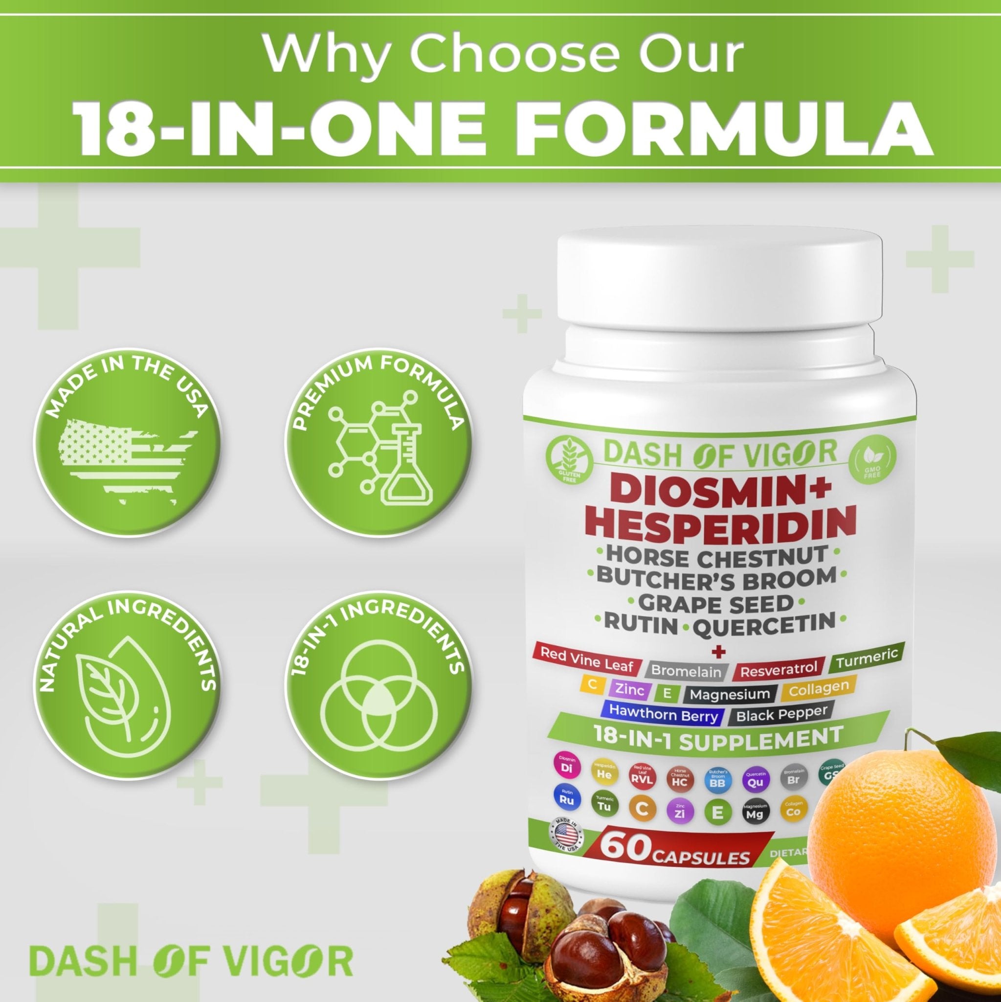 Dash of Vigor 18-in-1 Diosmin Hesperidin Supplement, Quercetin with Bromelain, Zinc, Vitamin C with Rutin Supplement, Horse Chestnut Extract, Butcher's Broom Extract, USA, 60 Capsules - TrustMedUSA